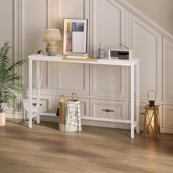 HOOBRO Entryway Table, Narrow Console Table for Behind Sofa, Entryway Table with Charging Base with USB Ports and Sockets, for Entryway, Natural White EWN114CXG01