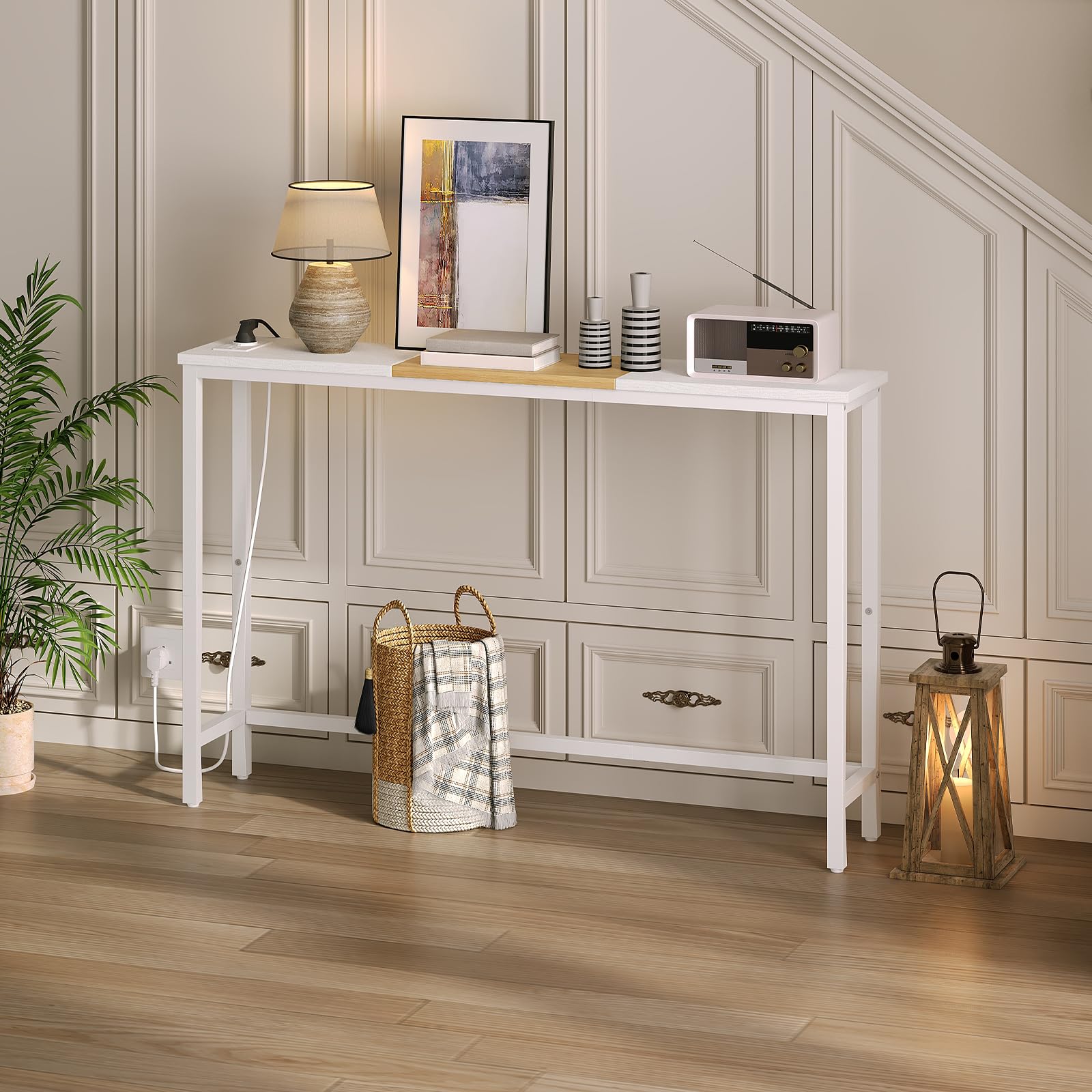 Lot De 2 Tables Console Étroites 240 Cm – Ultra-Fines 15 Cm Largeur, Avec Multiprise USB/USB-C, Table D’Entrée, Arrière Canapé, Couloir, Blanc Industriel