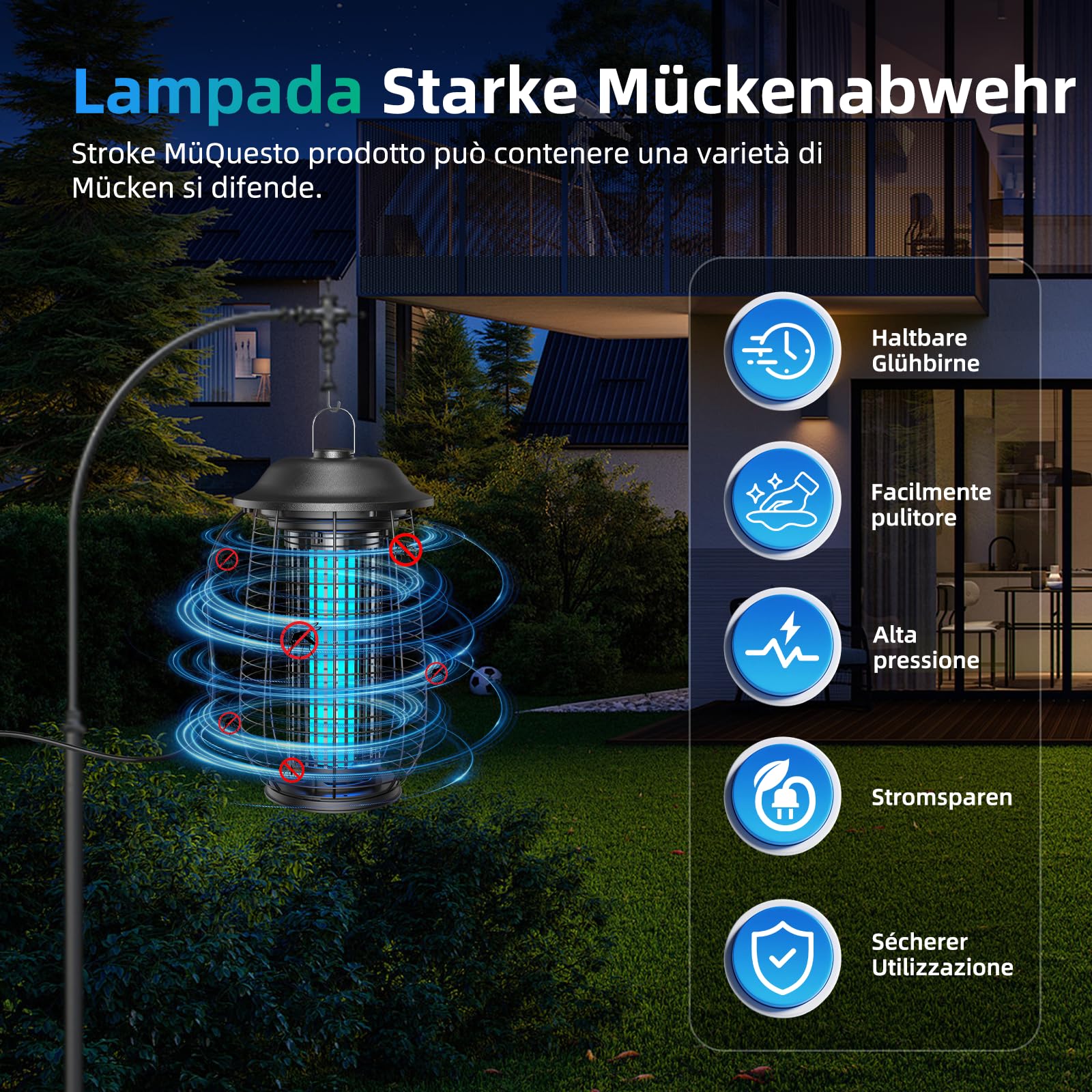 Lampada Antizanzare, Trappola Zanzare ad Alta Prestazione con 4250V 20W UV – Antizanzare Elettrico per Interni ed Esterni, Impermeabile IPX4, Rachetta Zanzare Elettrica per Casa, Giardino e Terrazza.