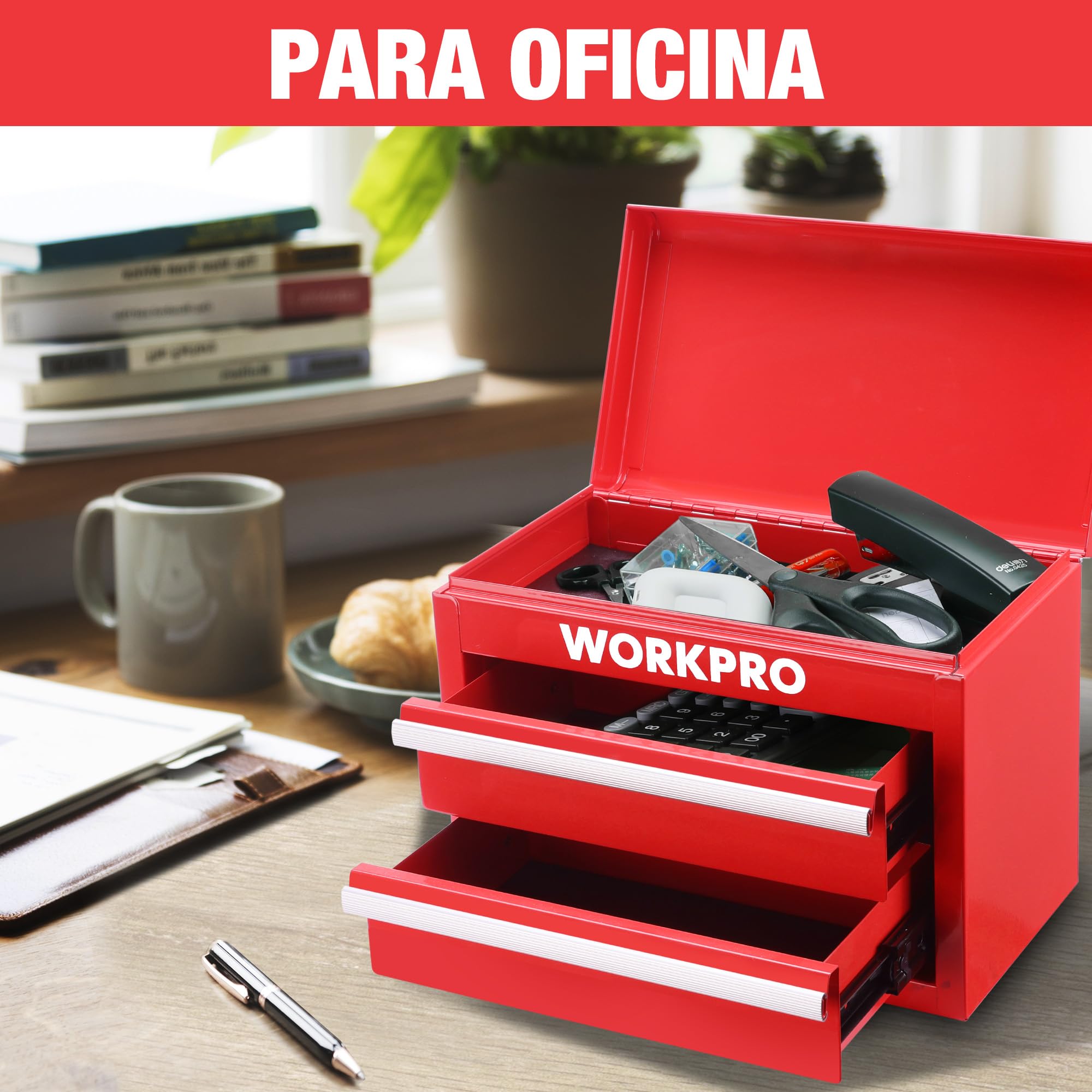 WORKPRO Caja de Herramientas Metálica con 2 Cajones, Organizador Pequeño con Cerradura, Ideal para Guardar Herramientas, Material de Oficina, Joyería y Accesorios en Hogar o Taller - Rojo