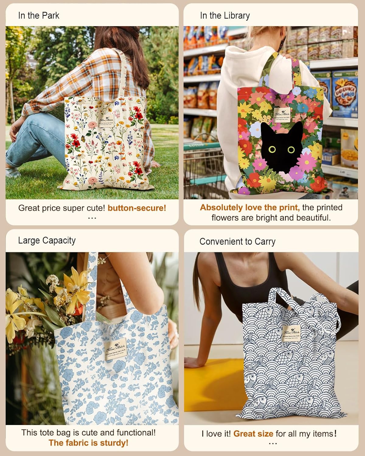 Cloth Tote Bag for Women - Reusable Tote with Pocket & Buckle Cute Retro Design Ladies Cotton Printed Shoulder Bag - Image 6
