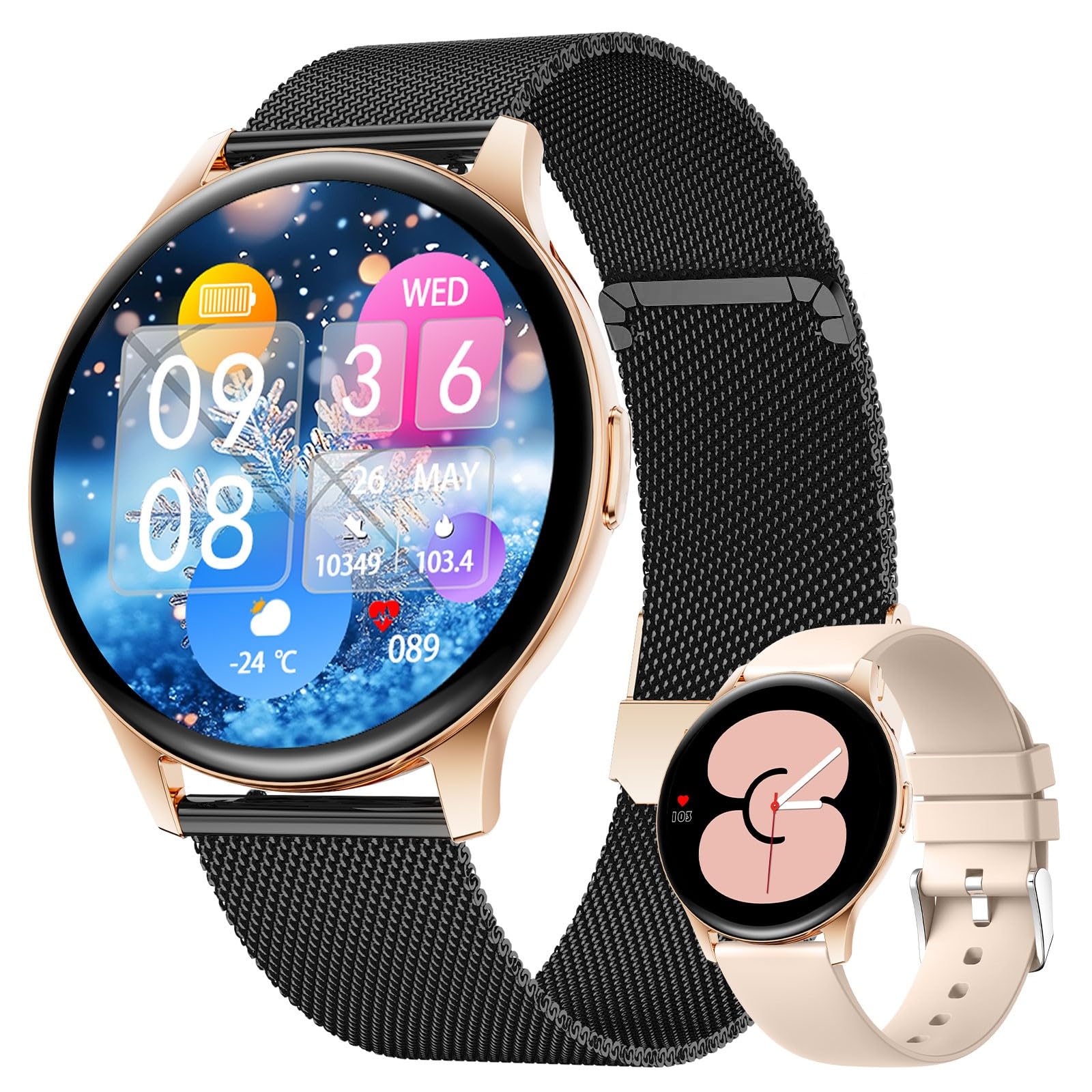 FITFLEX Smartwatch Damen, 1.43" HD Fitnessuhr mit Telefonfunktion, 120+Sportmodi, Monitor 24/7 Pulsuhr/SpO2/Schlafmonitor/Kalorien, Fitness Tracker, IP68 Wasserdicht Smart Watch, iOS Android, Schwarz