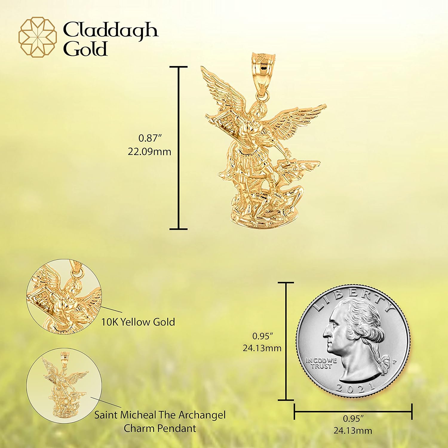 Claddagh Gold 10K Gold Men's Saint Michael the Archangel Defeating Satan Pendant, Gold Angel Pendant 7/8" X 1/2"