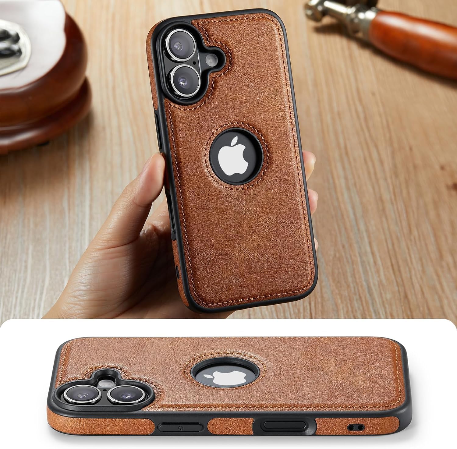 Casus Designed for iPhone 16 Case Compatible with MagSafe Leather Slim Logo View Luxury Elegant Thin Cover with Tempered Glass Screen Protector (2024) 6.1" - Brown - Image 6