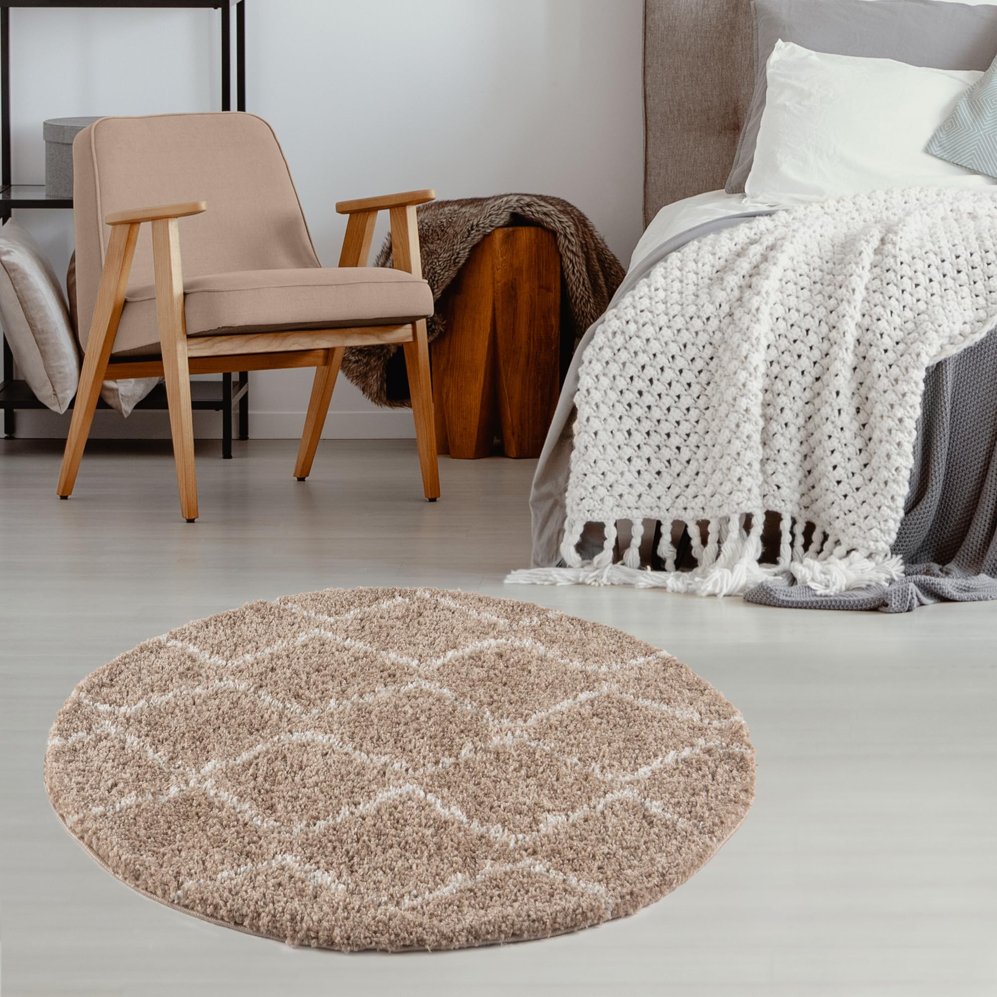 The Rugs Unisex Beige Moroccan Soft Shaggy Rugs And Runners And Ivory Living Room 120Cm Diameter