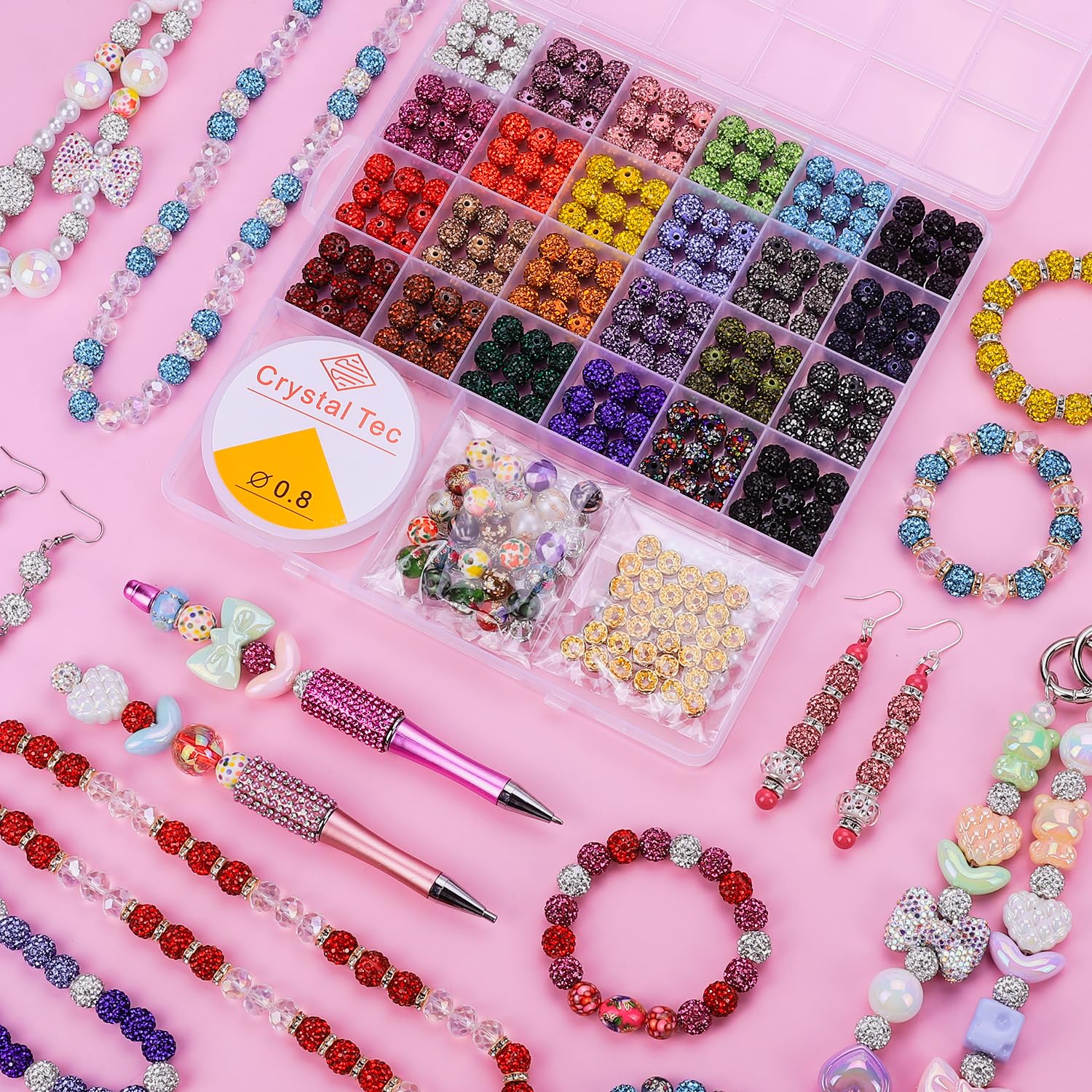 AIPRIDY Jewelry Making Beads Set, 590 PCS 10mm Round Mixed Color Rhinestone Clay Beads with Pearl and Floral Beads for DIY Bracelets, Necklaces