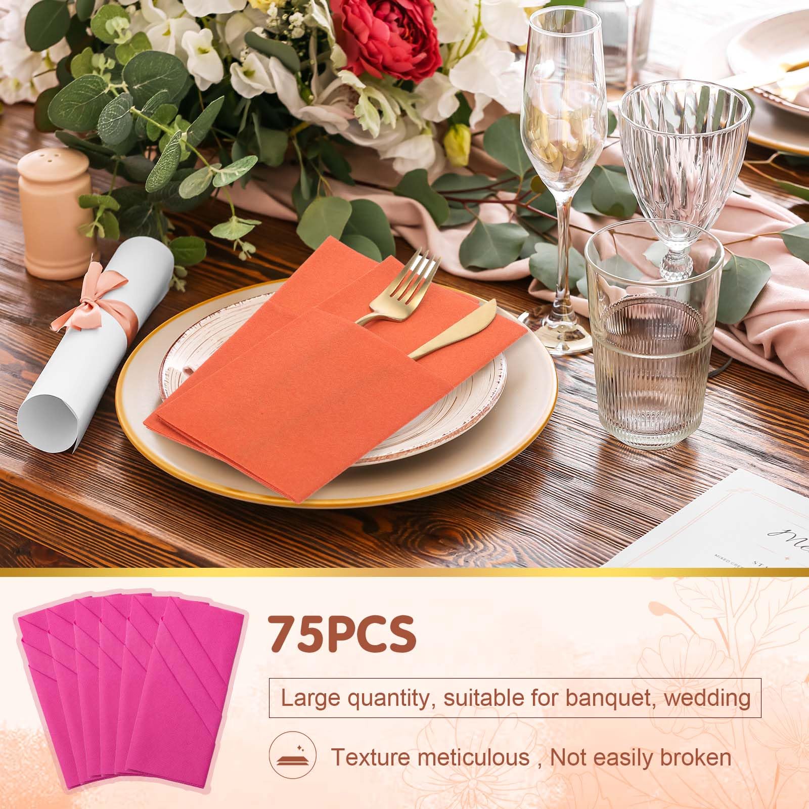 Cindeer Lot de 75 serviettes de table jetables en papier lin pré-pliées avec poche intégrée pour mariage, anniversaire, fête prénatale, enterrement de vie de jeune fille Rose et orange