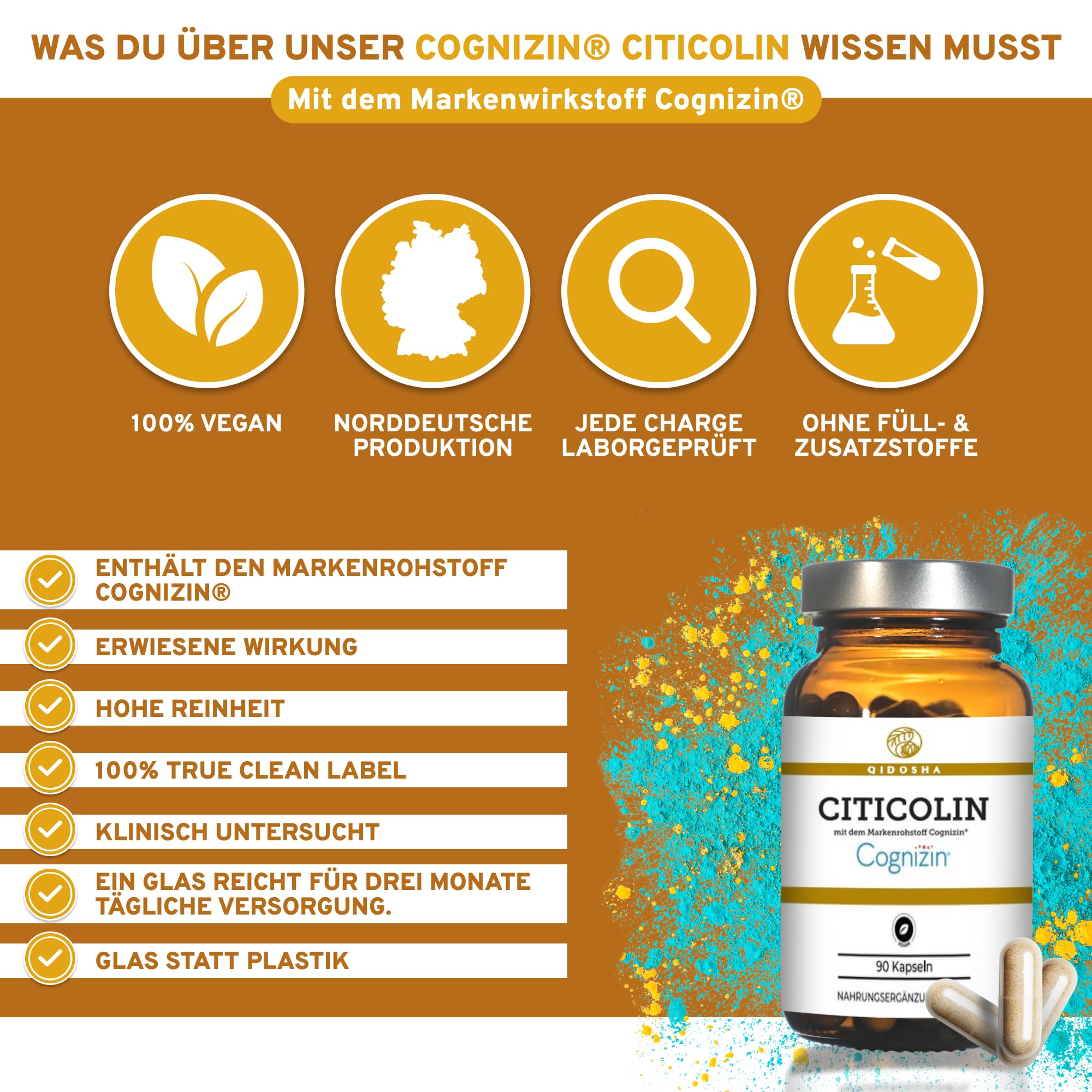 QIDOSHA® Citicolin mit dem Markenrohstoff Cognizin®, 500mg Citicolin je Kapsel, 90 Kapseln im Apothekrglas, jede Charge laborgeprüft, deutsche Fertigung