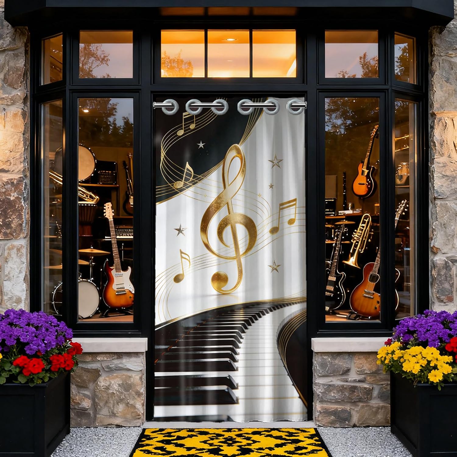 Musical Notes Pattern Door Curtain Doorway Curtain Folding Room Divider Curtains for Home Restaurant Door Decor, 78x39 Inch