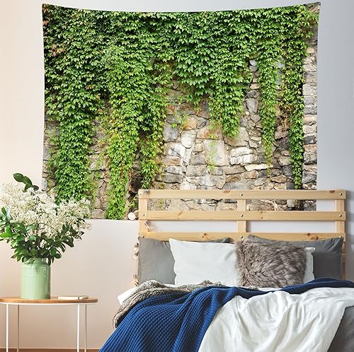 Miniatura 5 de BELECO Tapiz de pared de piedra con hojas para colgar en la pared, 176 x 118 pulgadas, jardín de primavera, pared de piedra vieja, tapiz de hojas