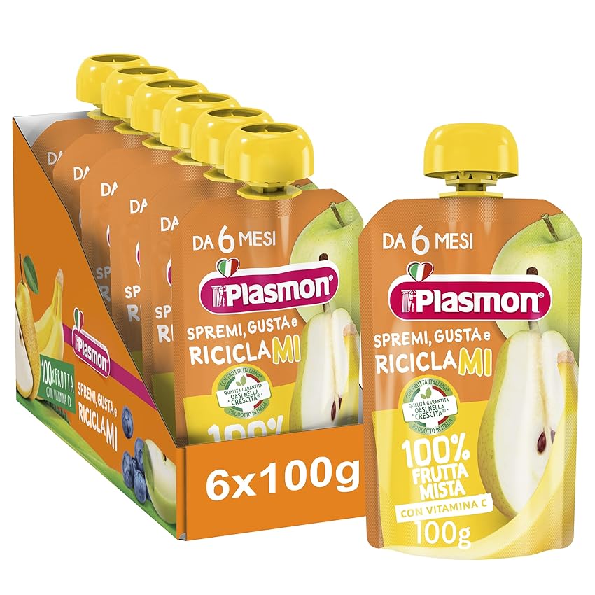 Immagine del prodotto Plasmon 100% Frutta Mela, Pera, Banana 100g 6 Pouch Con aggiunta di Vitamina C, solo gli zuccheri della frutta