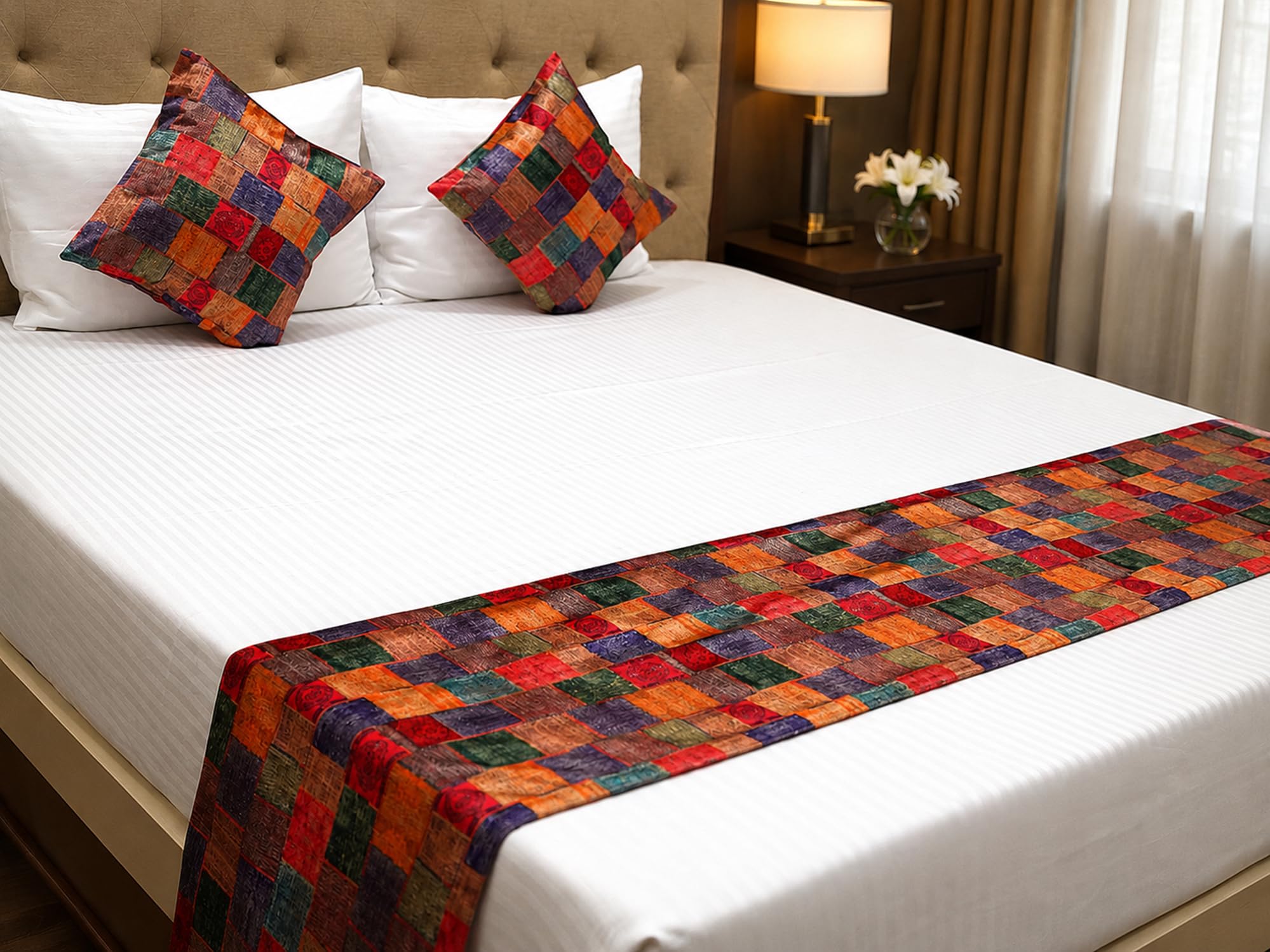 Vissage Multicolor Geometric Print Double Bed Runner Set with Cushion Covers-image-41