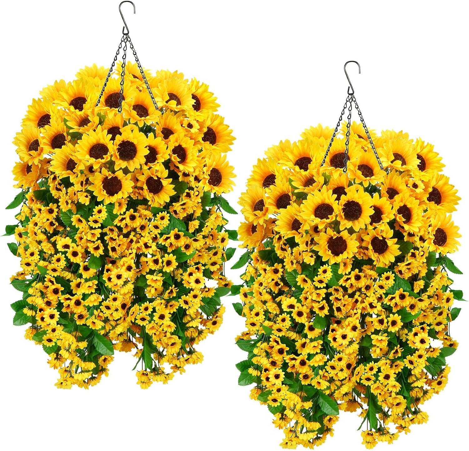 Zythrem 2 Set Artificial Flower Hanging Baskets Fake Hanging Baskets for Outdoors UV Resistant Artificial Sunflower Outdoor Decor for Porch Patio Garden Yard Home Spring Summer (Yellow)