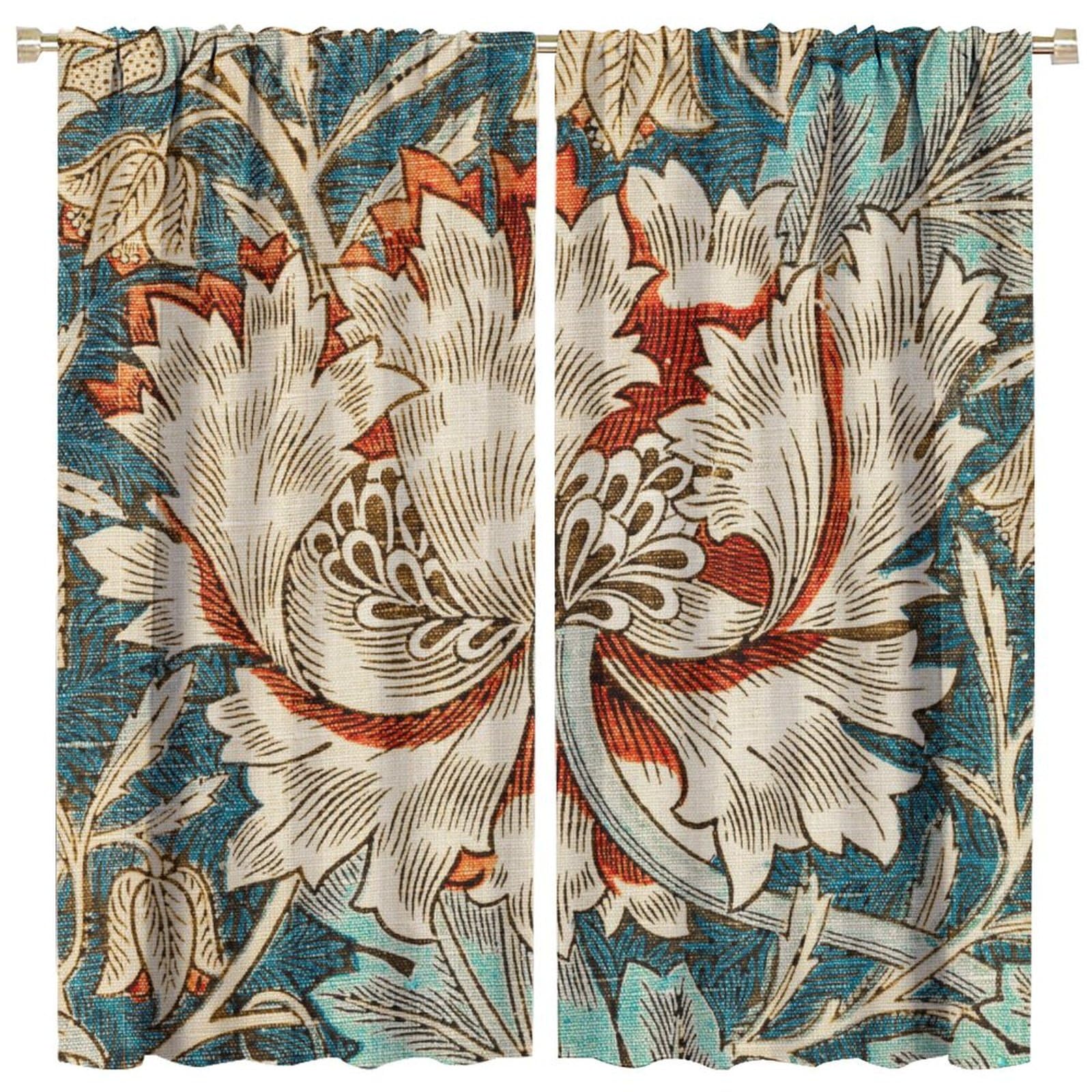 GoDazzling William Morris Plant Floral Blackout Window Curtains, Bohemian Vintage Rustic Flowers William Morris Art Style Window Drapes, for Bedroom