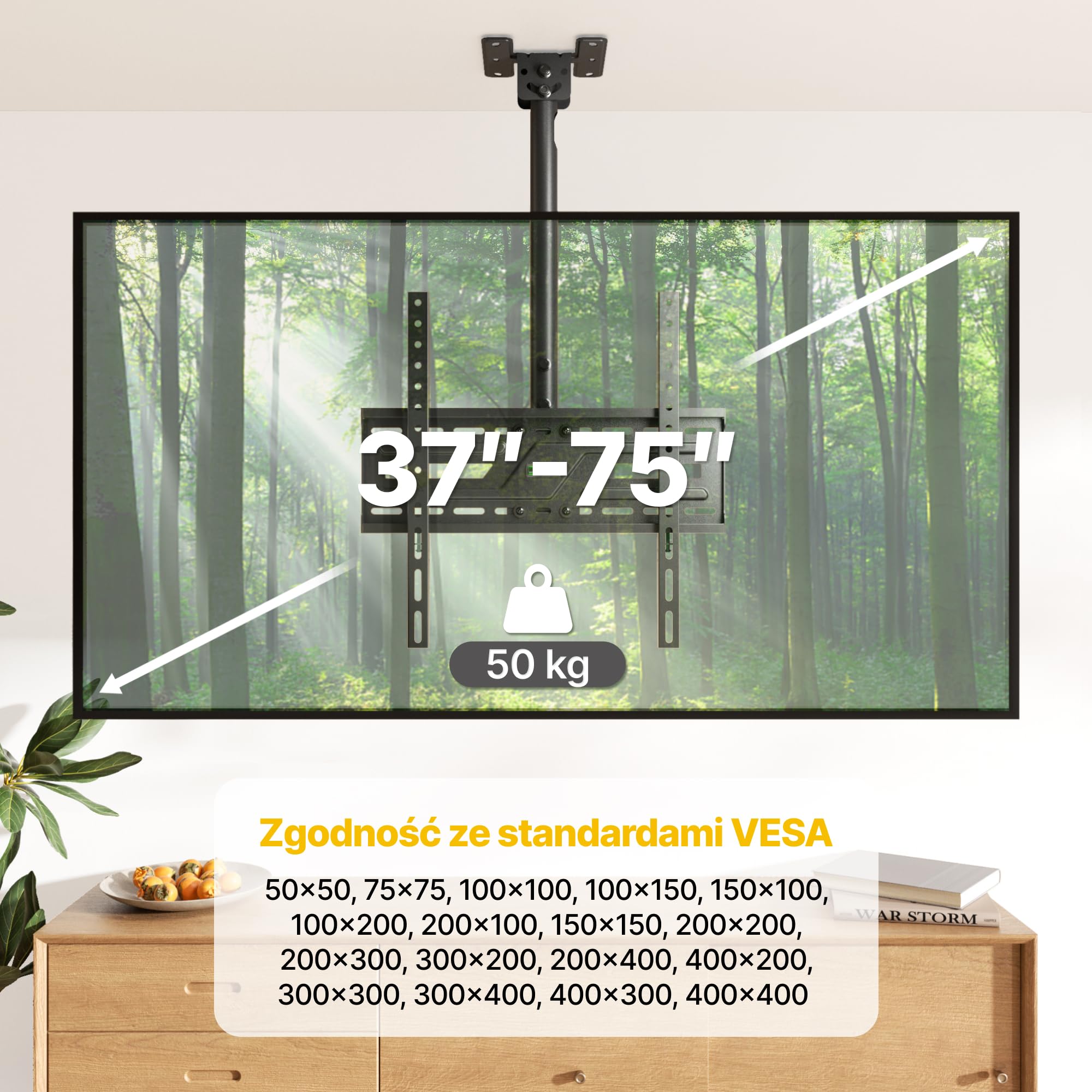 monTEK Uchwyt sufitowy pod telewizor 37-75" | Możliwość pochylenia i wychylenia, Do 50 kg, Regulacja wysokości, Płaski dach lub dach skośny