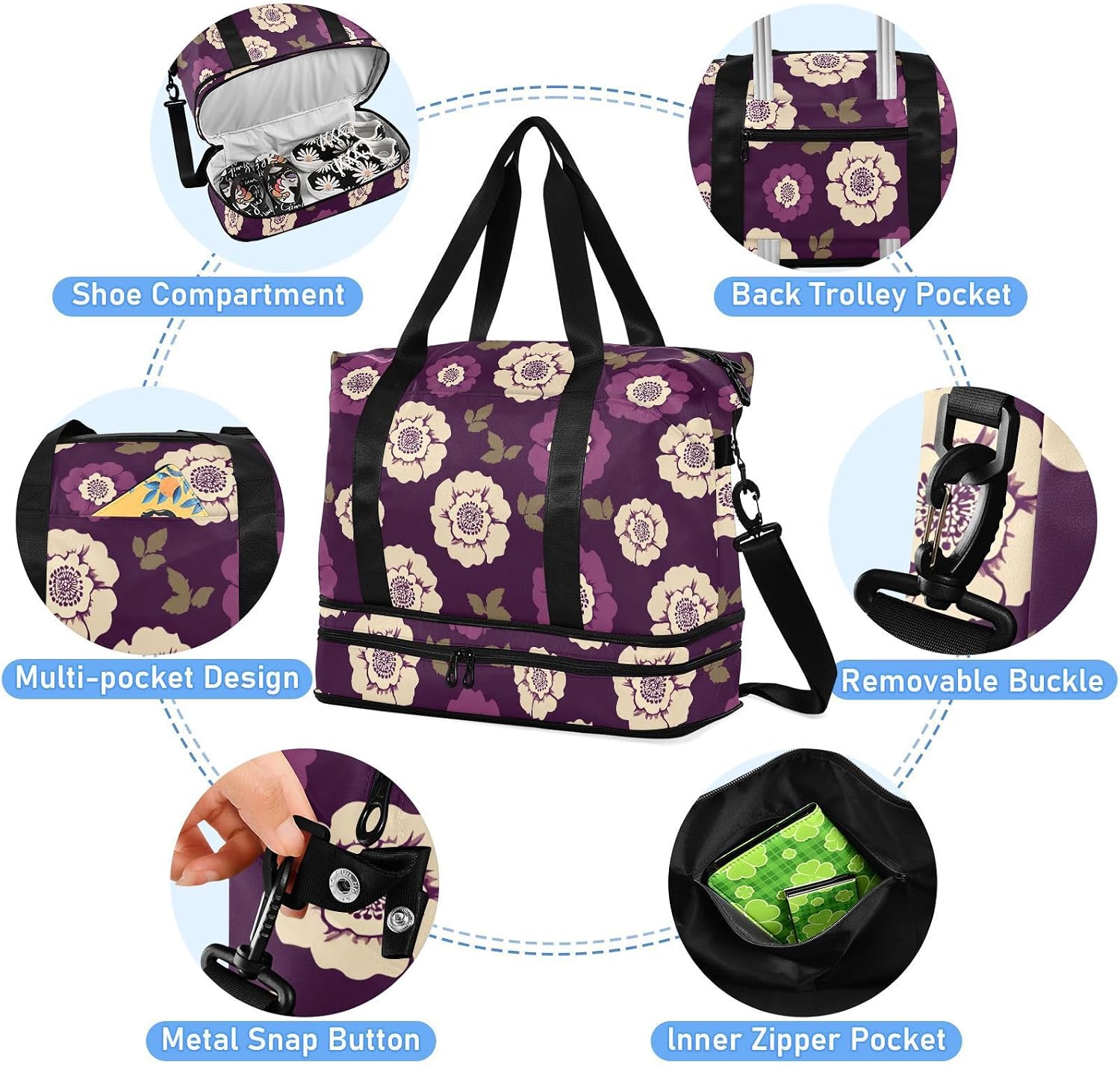 England Tudor Rose Khaki Purple Large Capacity Gym Bag Carry On Tote Bag with Adjustable Strap for Workout