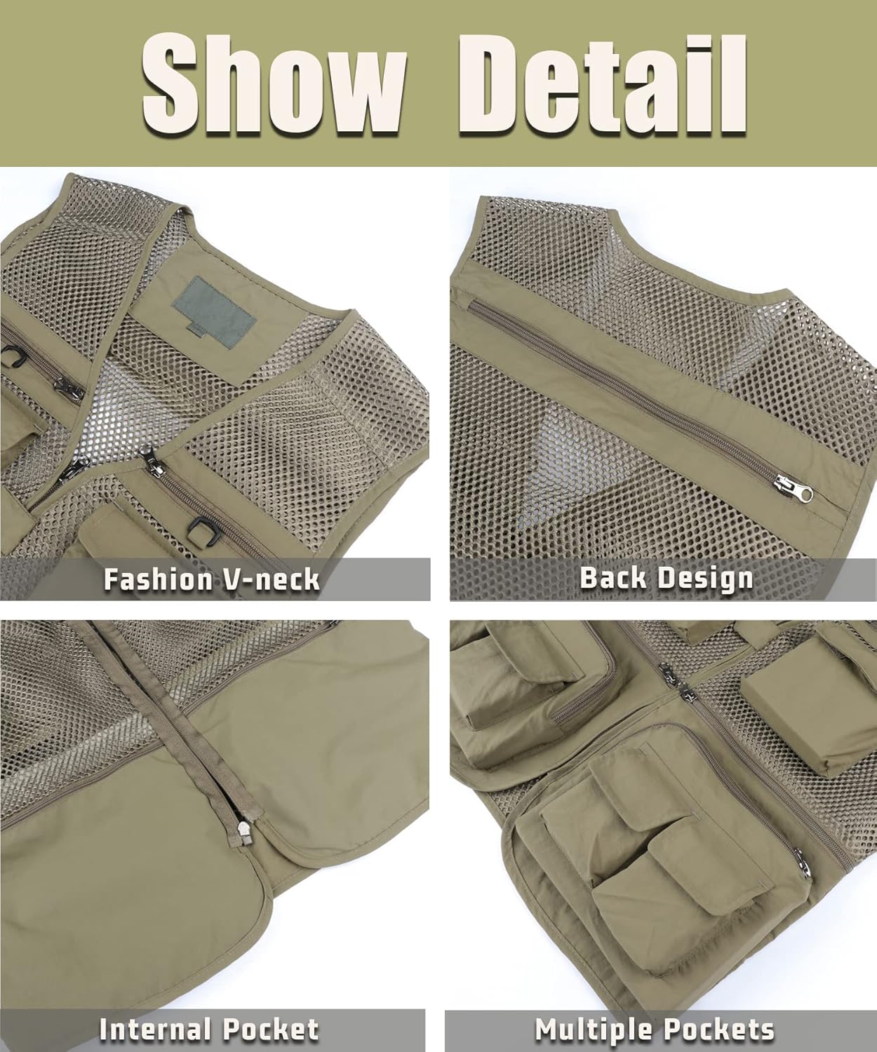 Men's Outdoor Fishing Vest Quick Dry Casual Gilet Multi Pocket Waistcoat Breathable Photography Outerwear Mesh Lined Traveling Hiking Sleeveless Jacket Utility Vest, A-Light Khaki, M, A-light