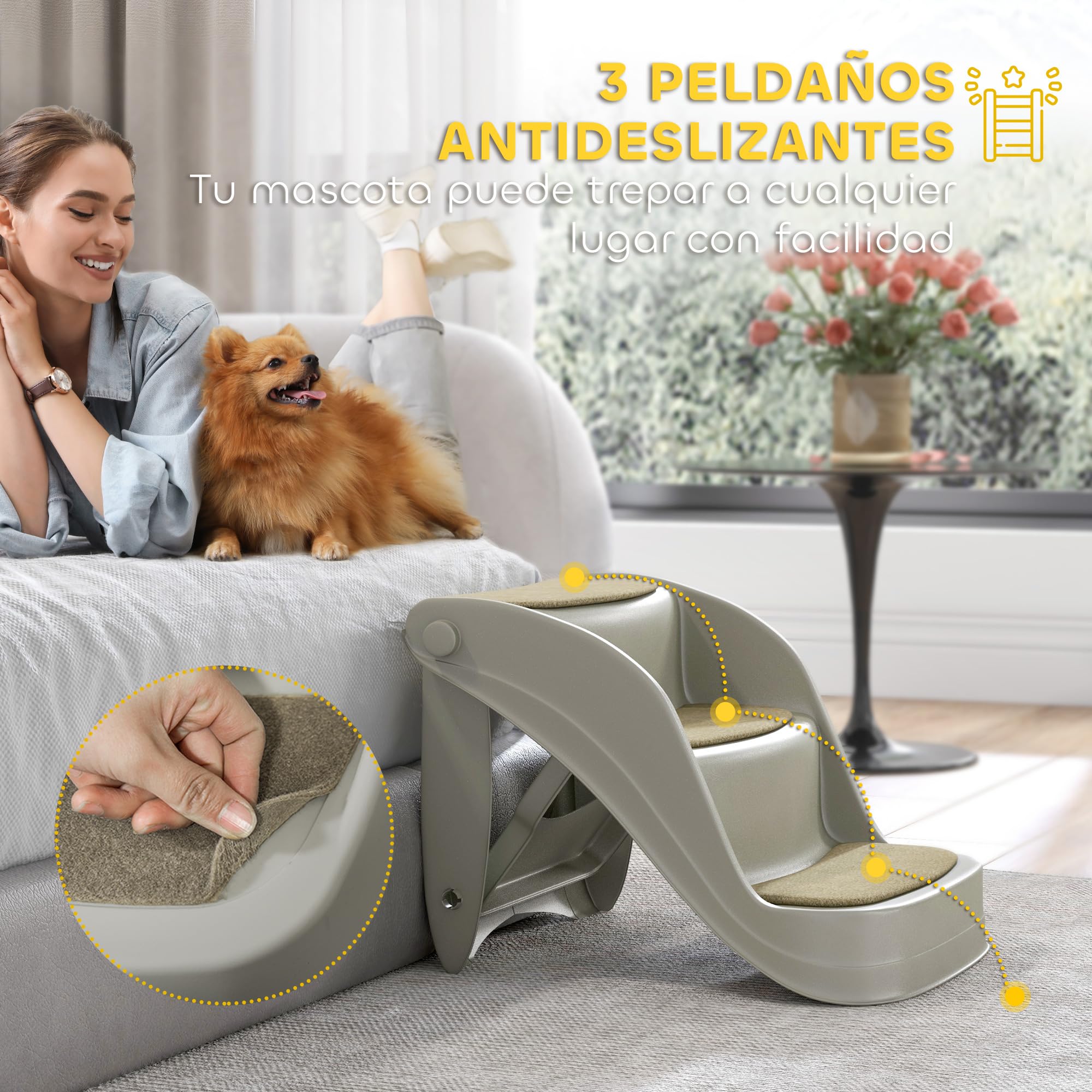 PawHut Escalera para Perros Pequeños Plegable de 3 Peldaños, Escalones para Mascotas con Alfombras Antideslizantes, Rampa para Perros para Cama, Sofá, Gris