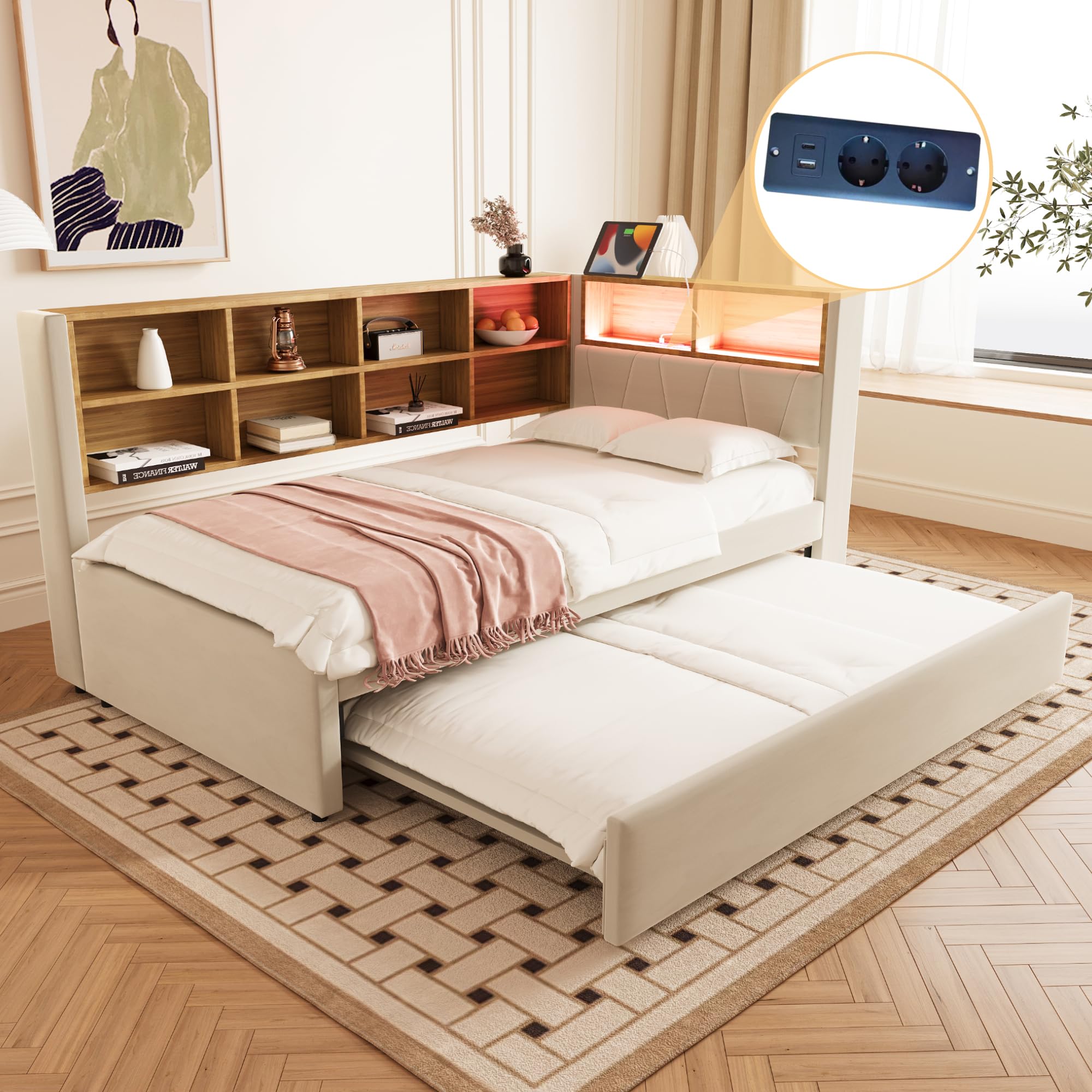 Divano letto 90 x 200 cm, letto estraibile 90 x 190 cm, dotato di LED e numerosi scomparti portaoggetti, letto imbottito, divano letto multifunzione, letto singolo, doppio, flanella (beige