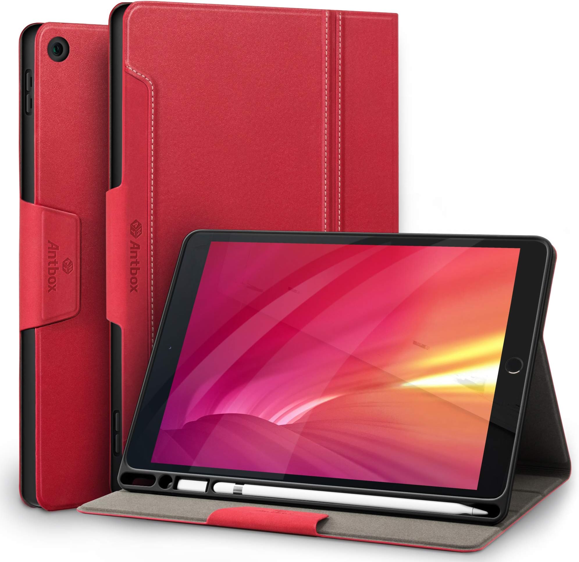 Antbox Case for iPad 9th Generation/iPad 8th Generation with Pencil Holder Vegan Leather Smart Cover for iPad 10.2'' 9th/8th/7th Gen (Red)
