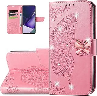 Dinglijia Wallet Case for Samsung Galaxy A23 5G, Butterfly Pattern PU Leather Case with Magnetic Clasp and Cash Card Holder Cover for Galaxy A23 5G Rhinestone Pink