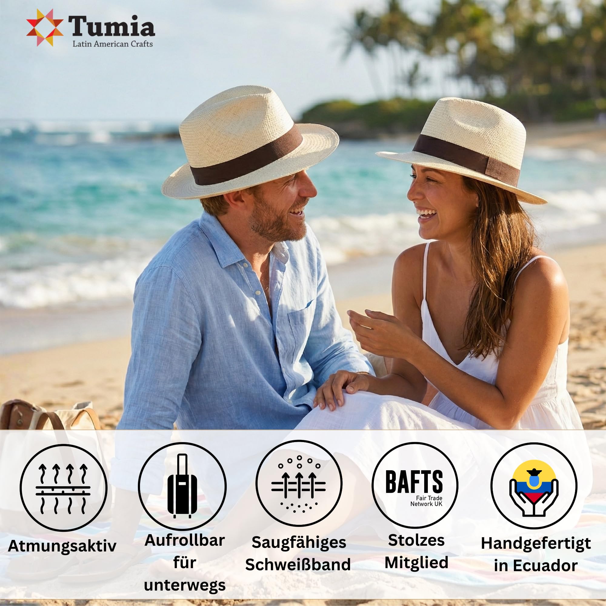 Tumia LAC - Panama Hut Herren & Damen, Verstellbarer Fedora Handgefertigt in Ecuador aus Toquilla-Stroh| Rollbar & Atmungsaktiv: Sonnenhut mit Ripsband