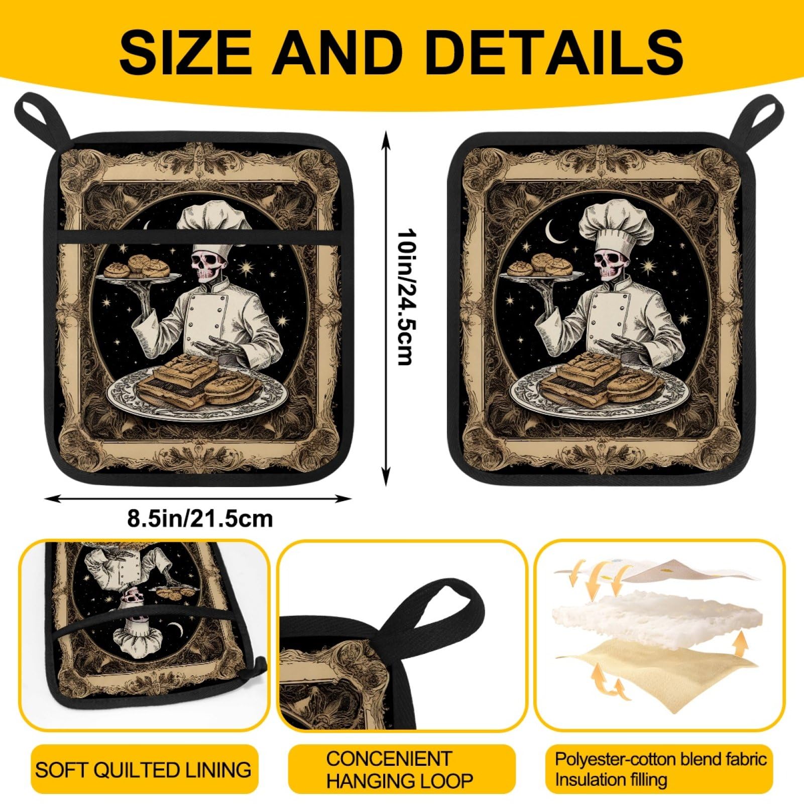 Presine con scheletro gotico con tasche, divertenti regali da forno, resistenti al calore, guanti da forno caldi per cucina, forno, presine per cucina