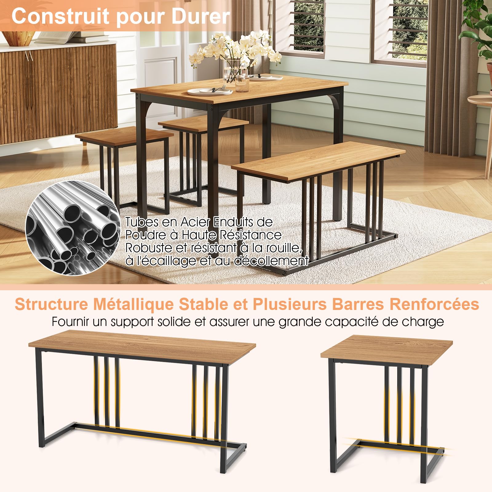 COSTWAY Ensemble de Table à Manger 4 Pièces, Table avec Banc et 2 Tabourets pour 4 Personnes, Structure en Métal Antirouille, pour Cuisine, Restaurant, Bar (Naturel)
