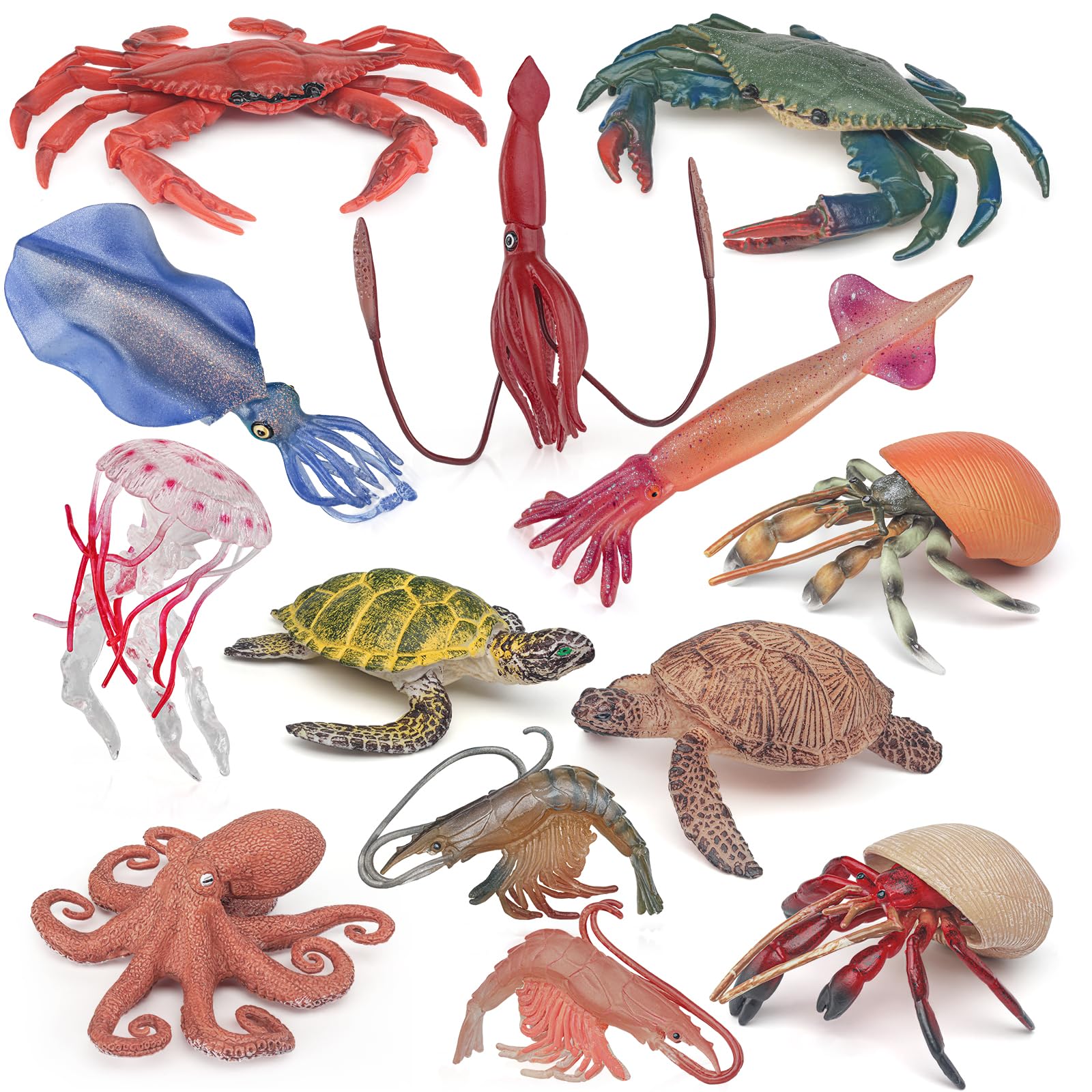 Sea Ocean Marine Animal Model Playsets 13 PCS Octopus Squid Crab Shrimp Hermit Crab Sea Turtle Action Figure Desktop Decoration Collection Party Favors Toys for Boys Girls Kids 5 6 7 8 Year Old