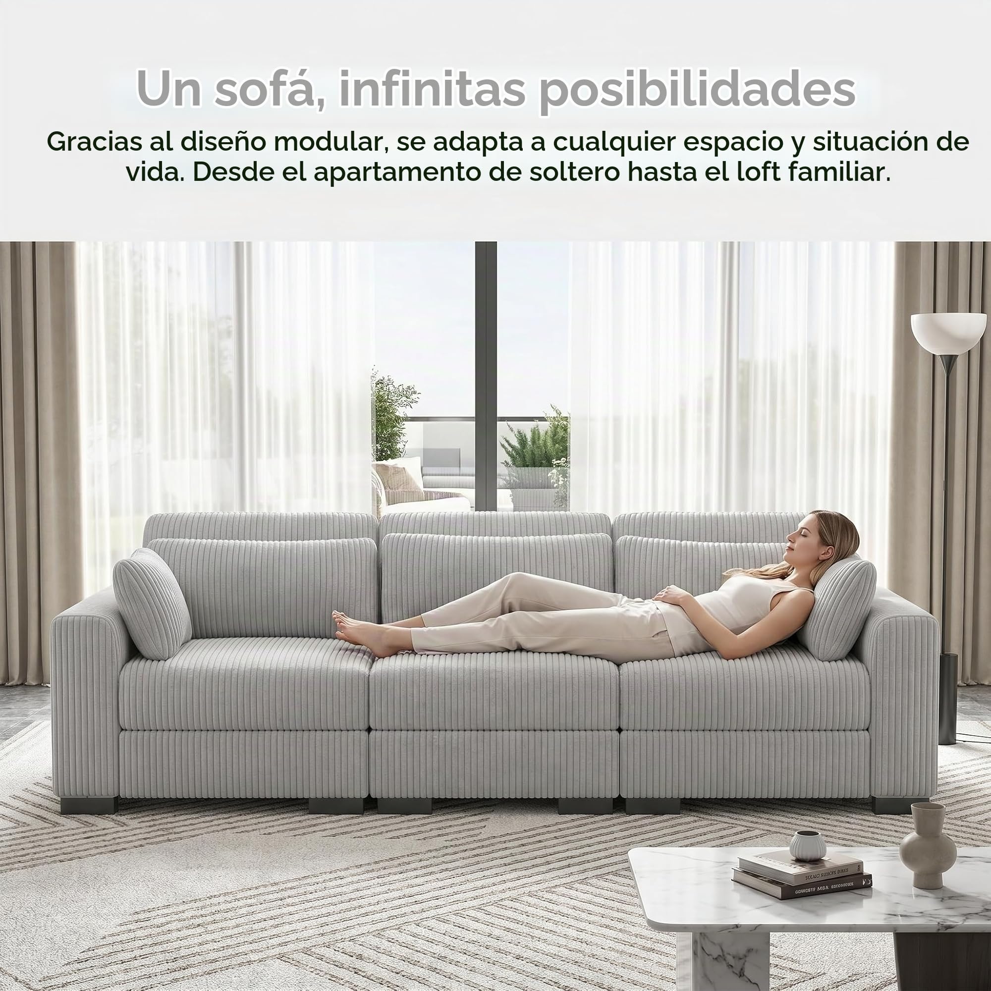 Sofa de 3 Plazas,Sofá Acolchado Sofas de Salon Cheslong Sofa Cama Chaise Longue Sofá Modular Suelo Sofás en Forma de L de Pana con Cojín Y otomano (Gris, 3 plazas+1 reposapiés)