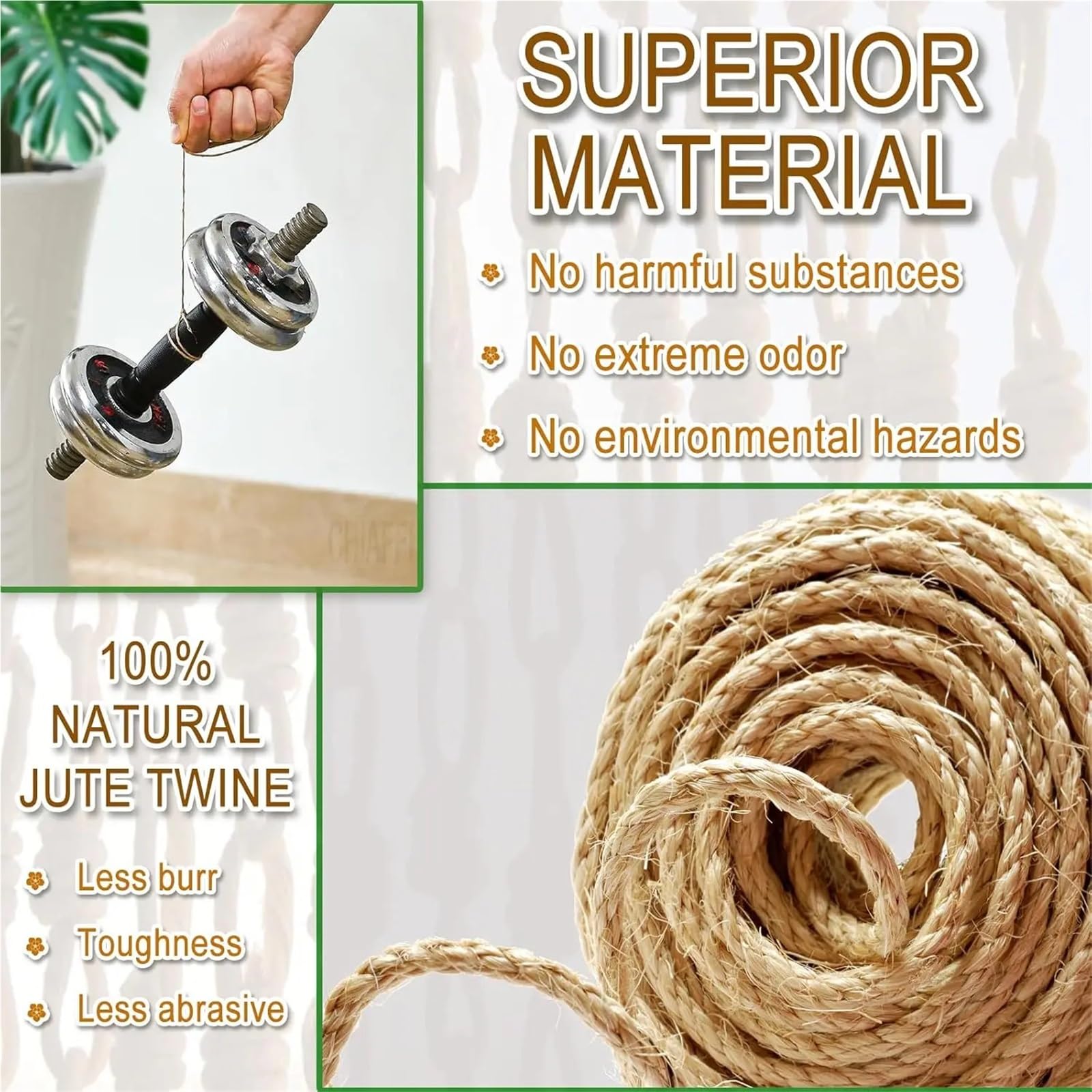 Corde Jute Ficelle de Jute 6 mm, Corde épaisse et résistante à 4 brins, Chanvre for griffoir for Chat, Loisirs créatifs, Jardinage(100m Length)