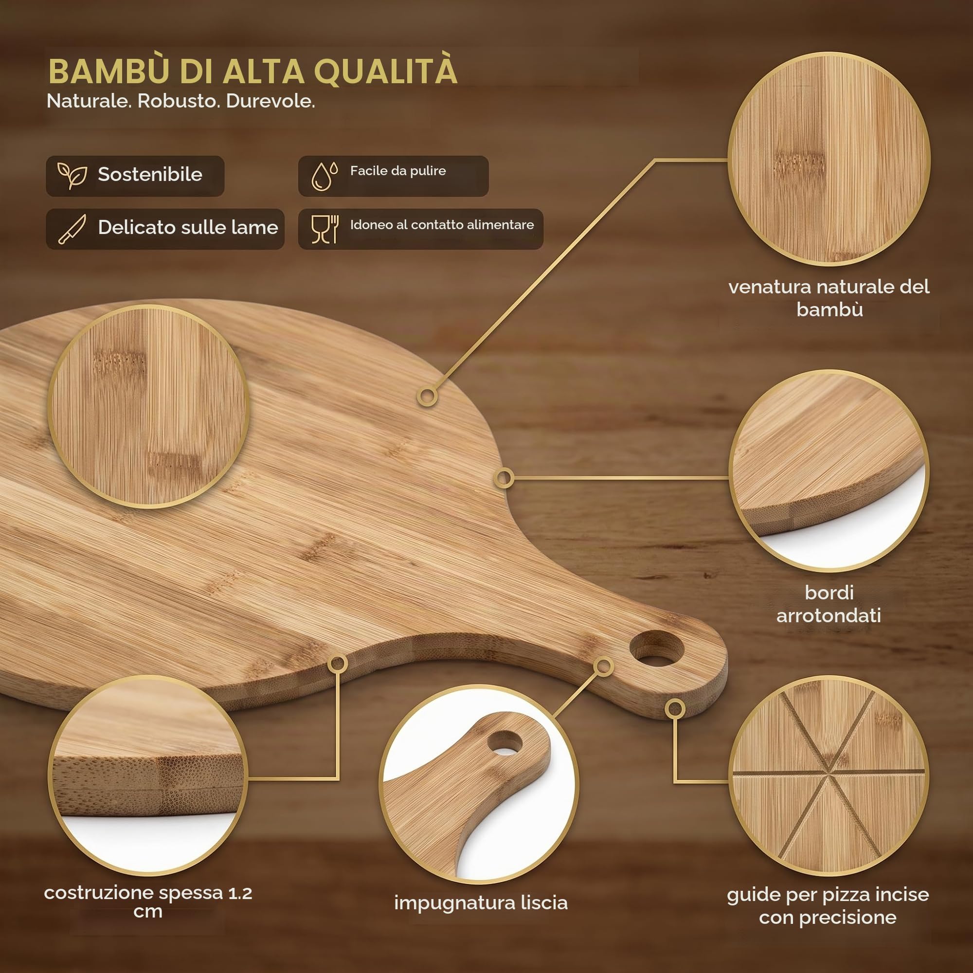 hausleben Piatto per pizza in legno da 33 cm (set da 2 da 3 a 4 pezzi) grande con manico, piattino, tagliere per pizza rotondo, tagliere per pizza e pizza (set da 6)
