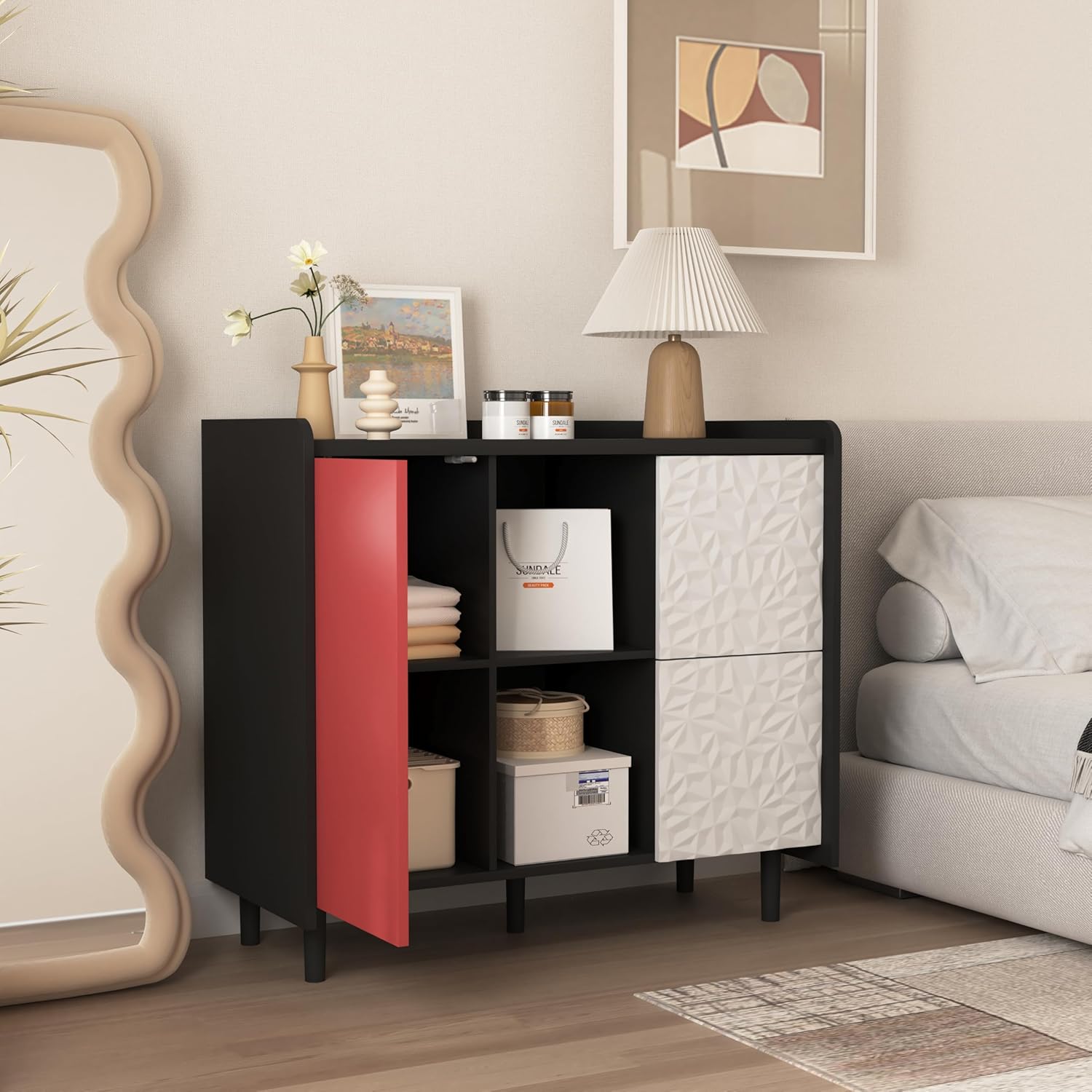 Sideboard Buffet Cabinet with Doors, 2 Drawers & Open Storage, Modern Coffee Bar Accent Cabinet(Black+Red)