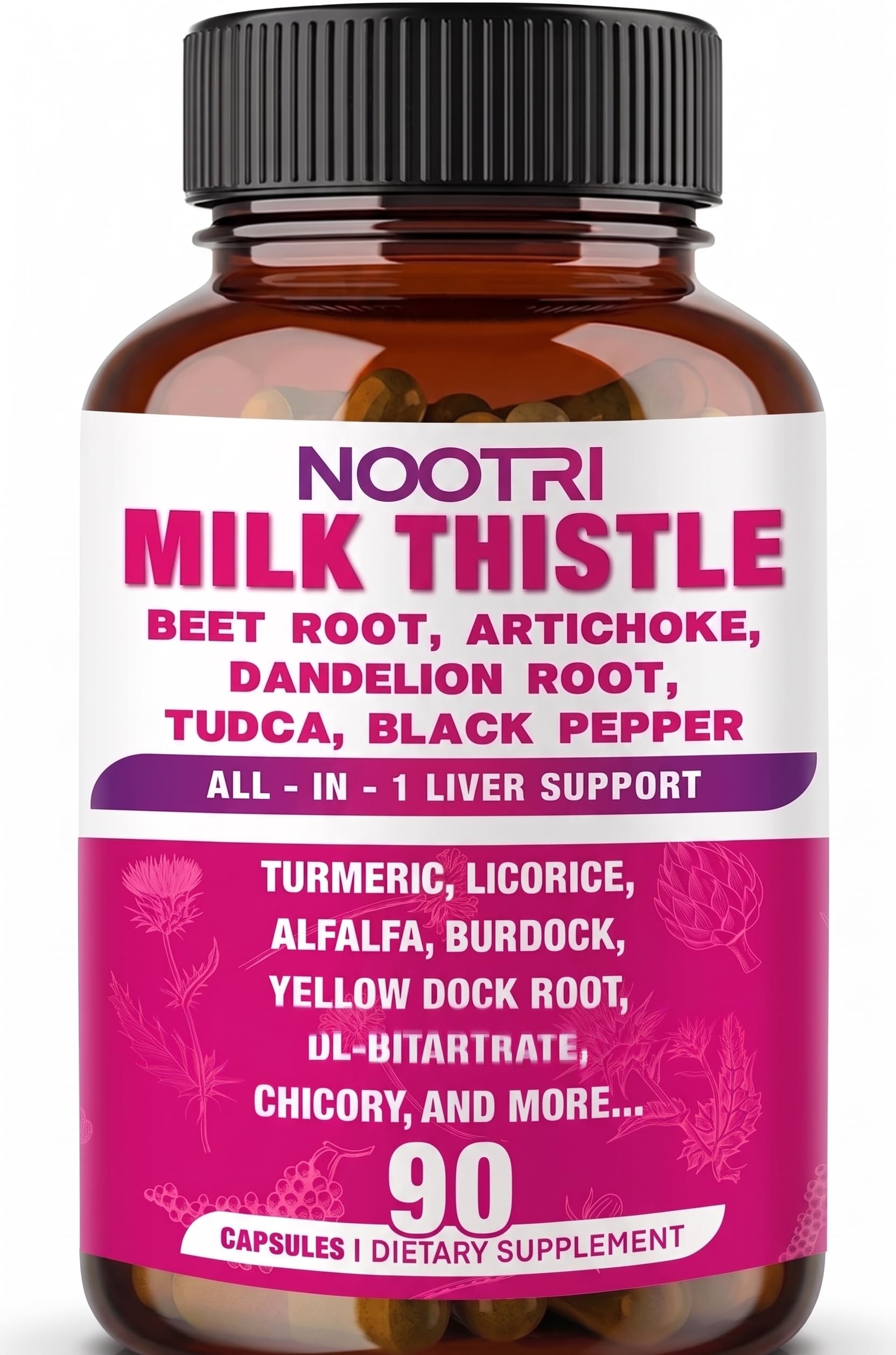 Nootri All-in-1 Highest Potency Milk Thistle NAC BeetRoot Artichoke Dandelion Root - Liver Health Support, Cleanse Detox & Repair, Antioxidant, Plus TUDCA Choline and Ginger - 90 Vegan Capsules
