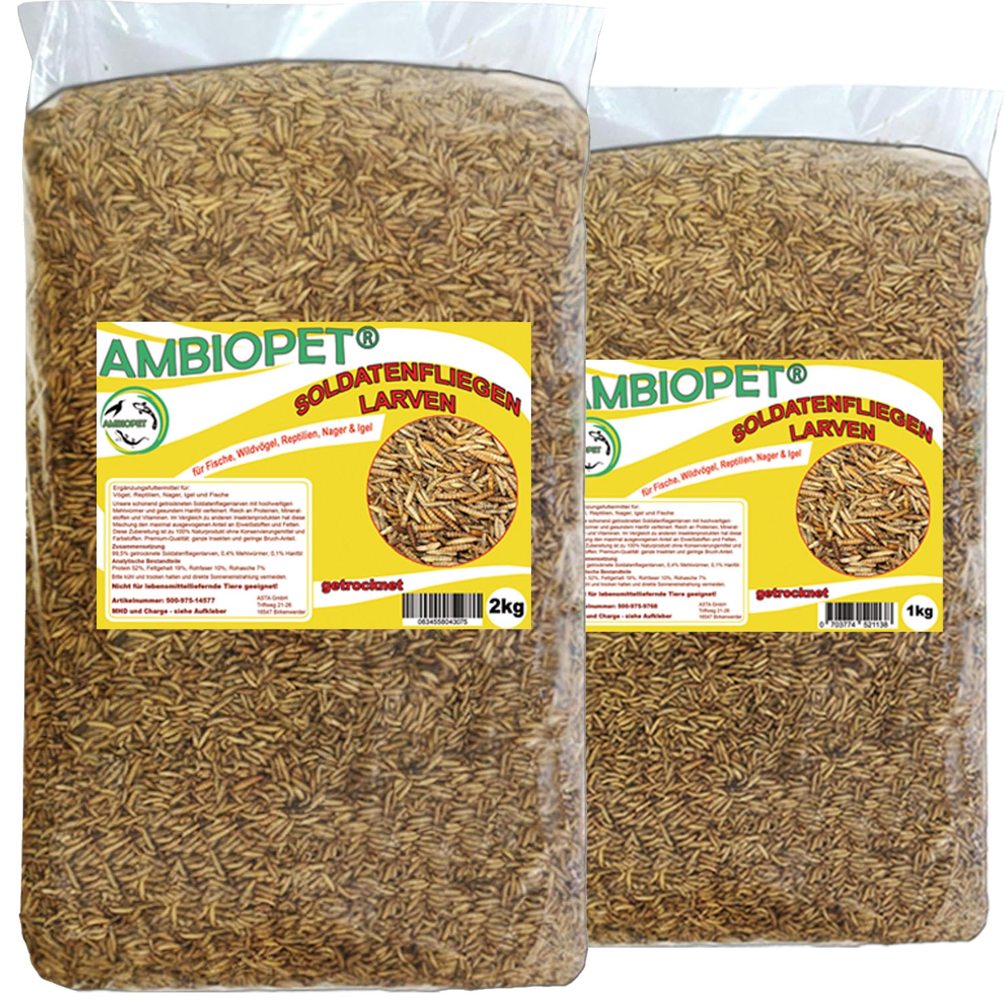 Ambiopet Soldatenfliegenlarven (Hermetia) getrocknet 2 + 1kg Packung, Black Soldier Fly, Protein- und fettreiches Wildvogelfutter, reich an Calcium und Laurinsäure