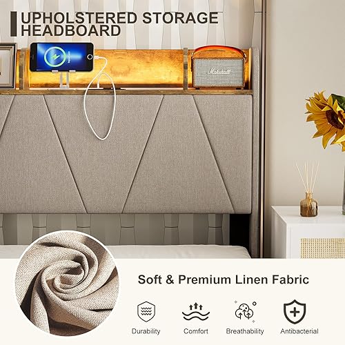 Vista 7 de IKIFLY Base de cama individual XL con cabecera de estante de almacenamiento y estación de carga, cama de plataforma tapizada con luces LED, listones