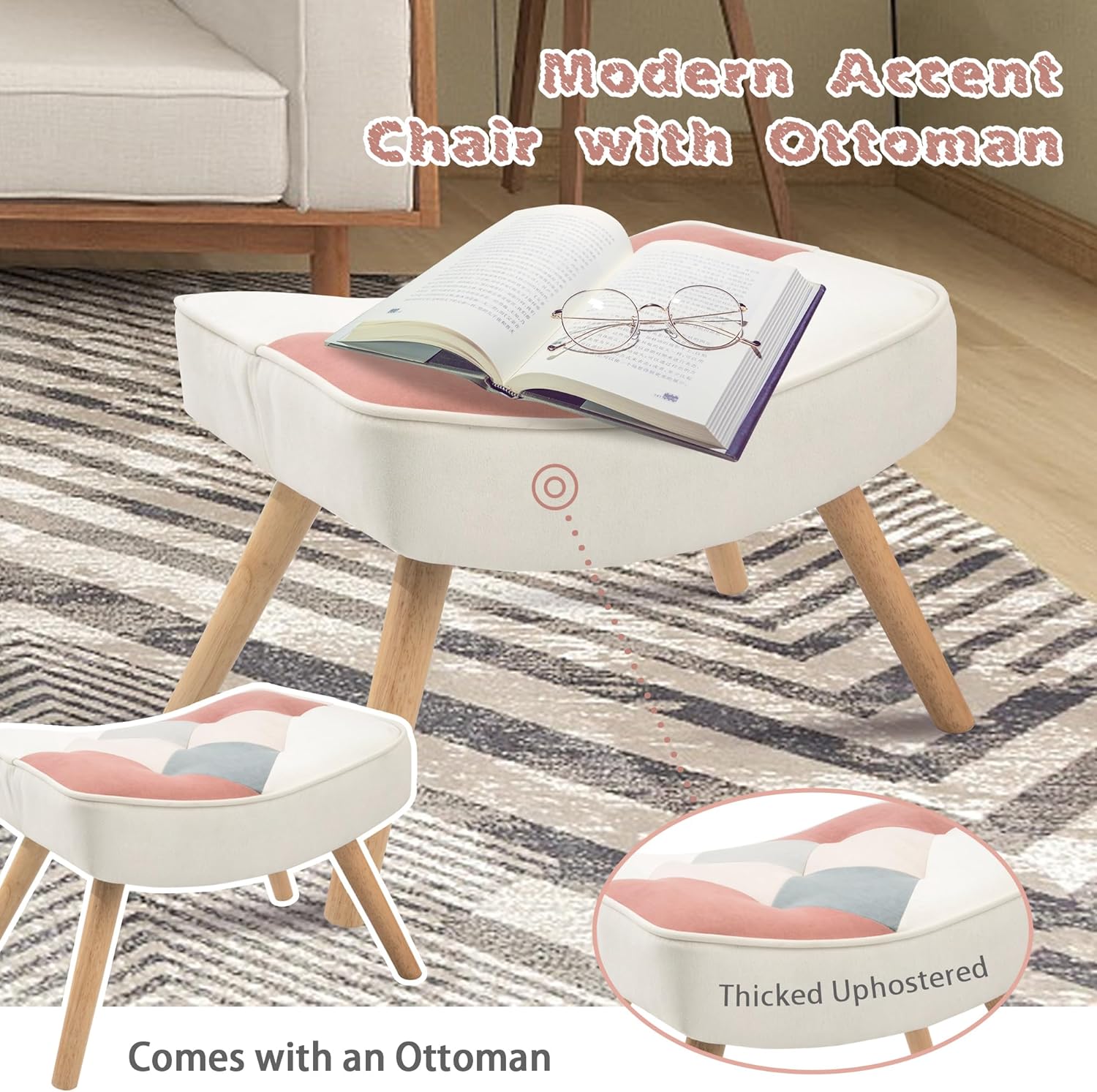 Patchwork Rocking Chair with Ottoman Upholstered Rocker Accent Chairs with High Backrest Small Glider Chair Comfy Side Armchair for Nursery Living Room Bedroom (Patchwork Pink, with Ottoman)