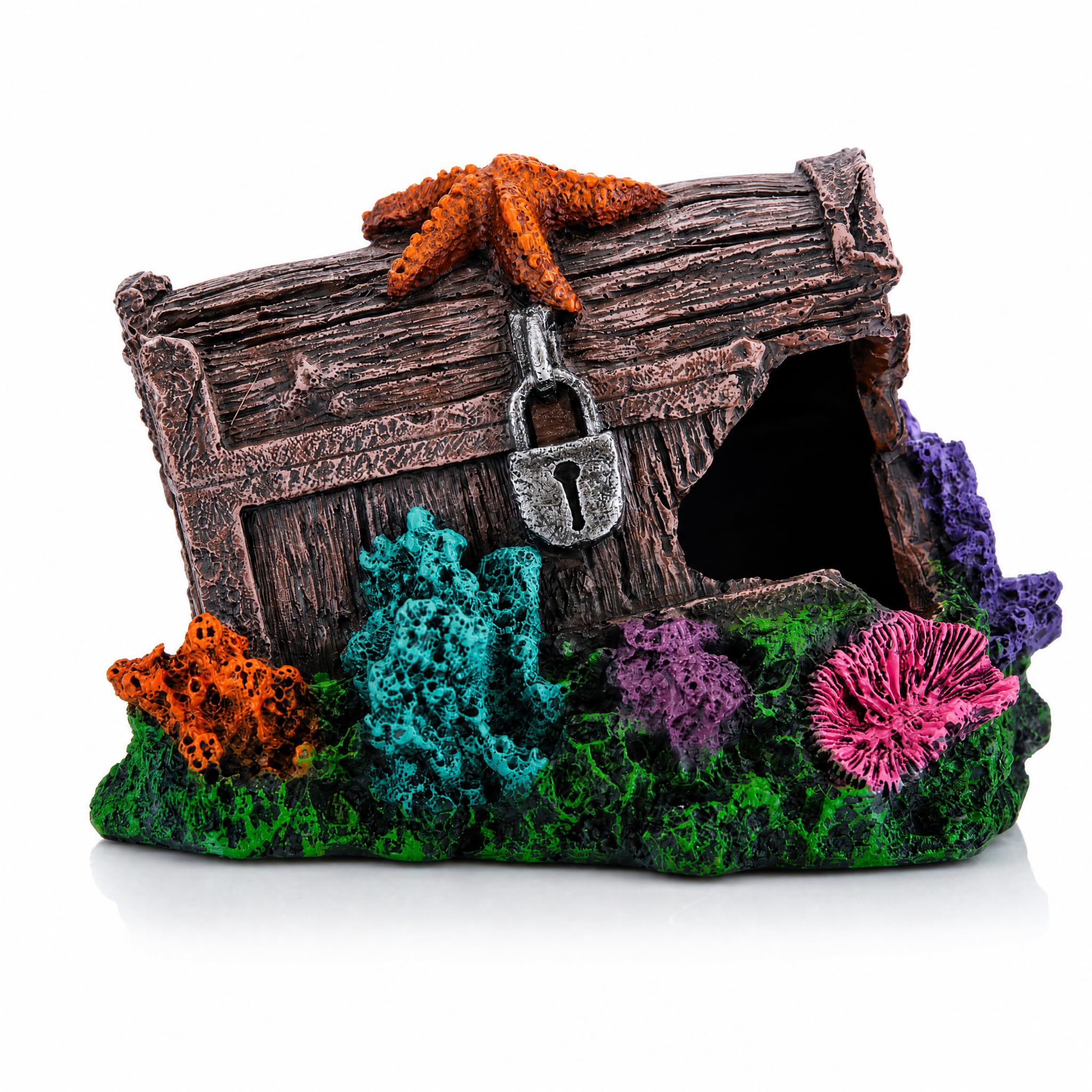 M Pelosa Woody Fish Tank Decorations Aquarium Accessories – 15 X 10 X 10Cm Durable Resin Aquarium Cave Fish Tank Hideaways – Smooth Edges And Easy To Clean – Multiple Swim Through Openings – Treasure Chest Design