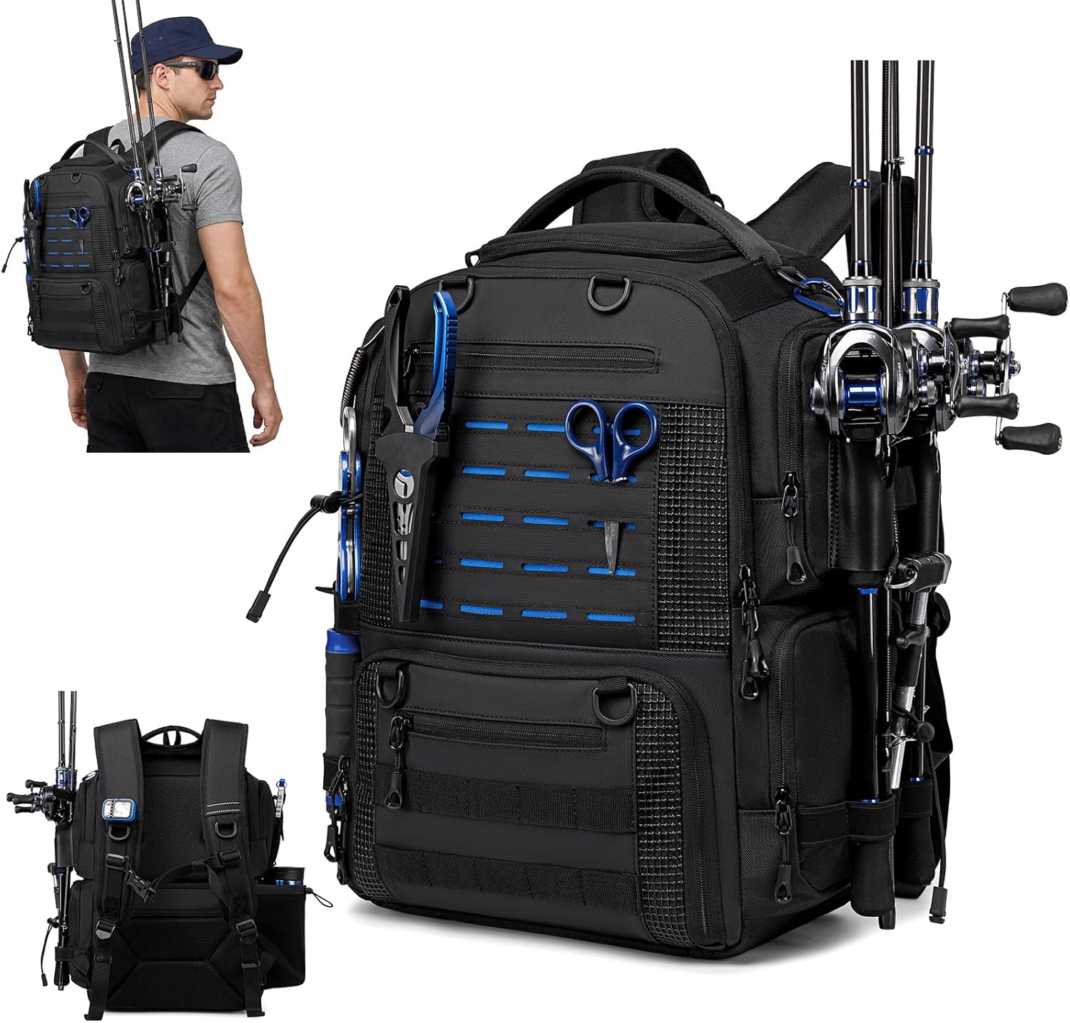 Fishing Tackle Backpack with 2 Rod Holders, Multi-Pocket Tactical Bag with Bottle Holder, 50L Large Storage Bag for Fishing Gear and Equipment, Black