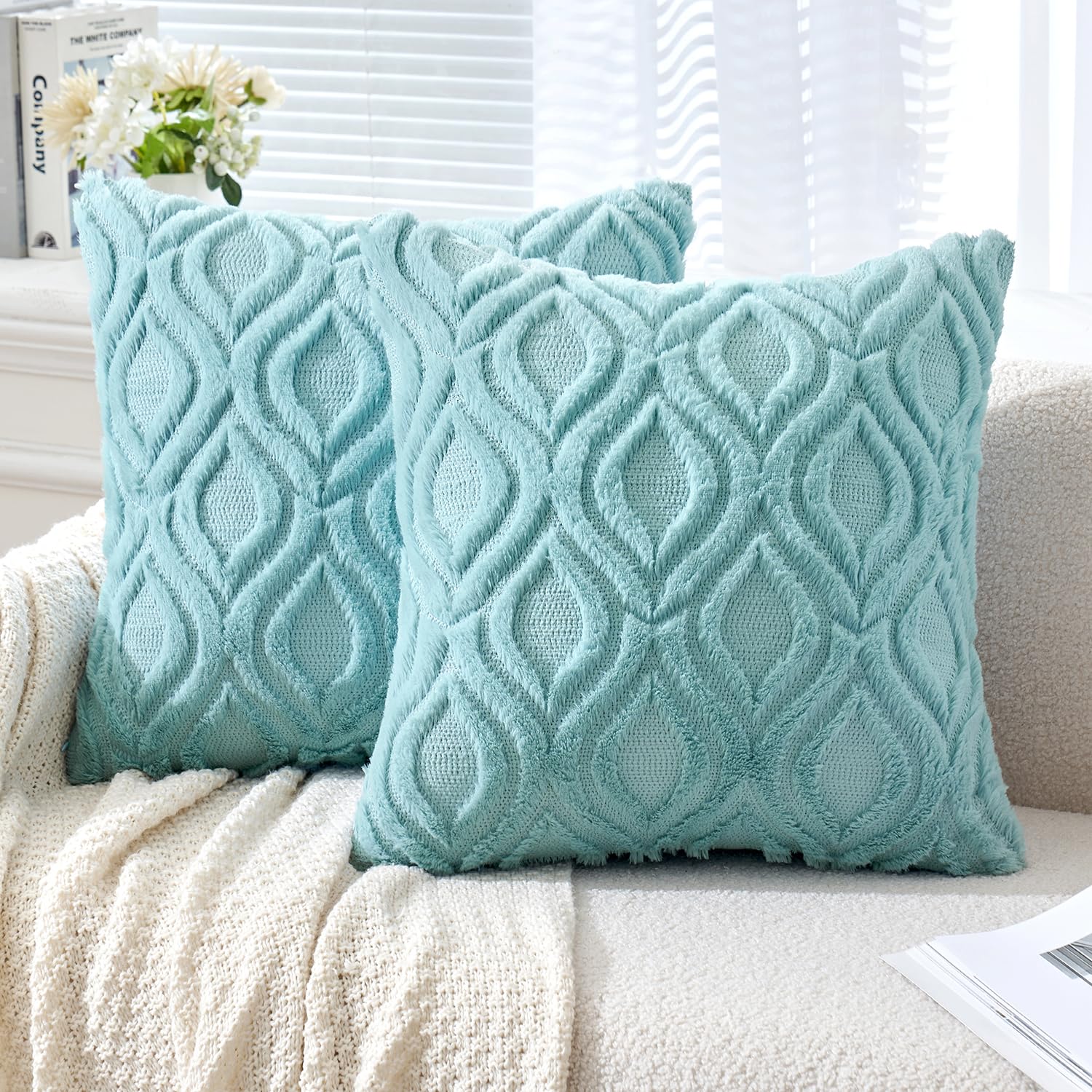 MIULEE Sky Blue Throw Pillow Covers 16x16 Inch, Soft Plush Faux Wool Couch Pillow Covers Set of 2 Decorative Farmhouse Boho Throw Pillows for Sofa Living Room Bed