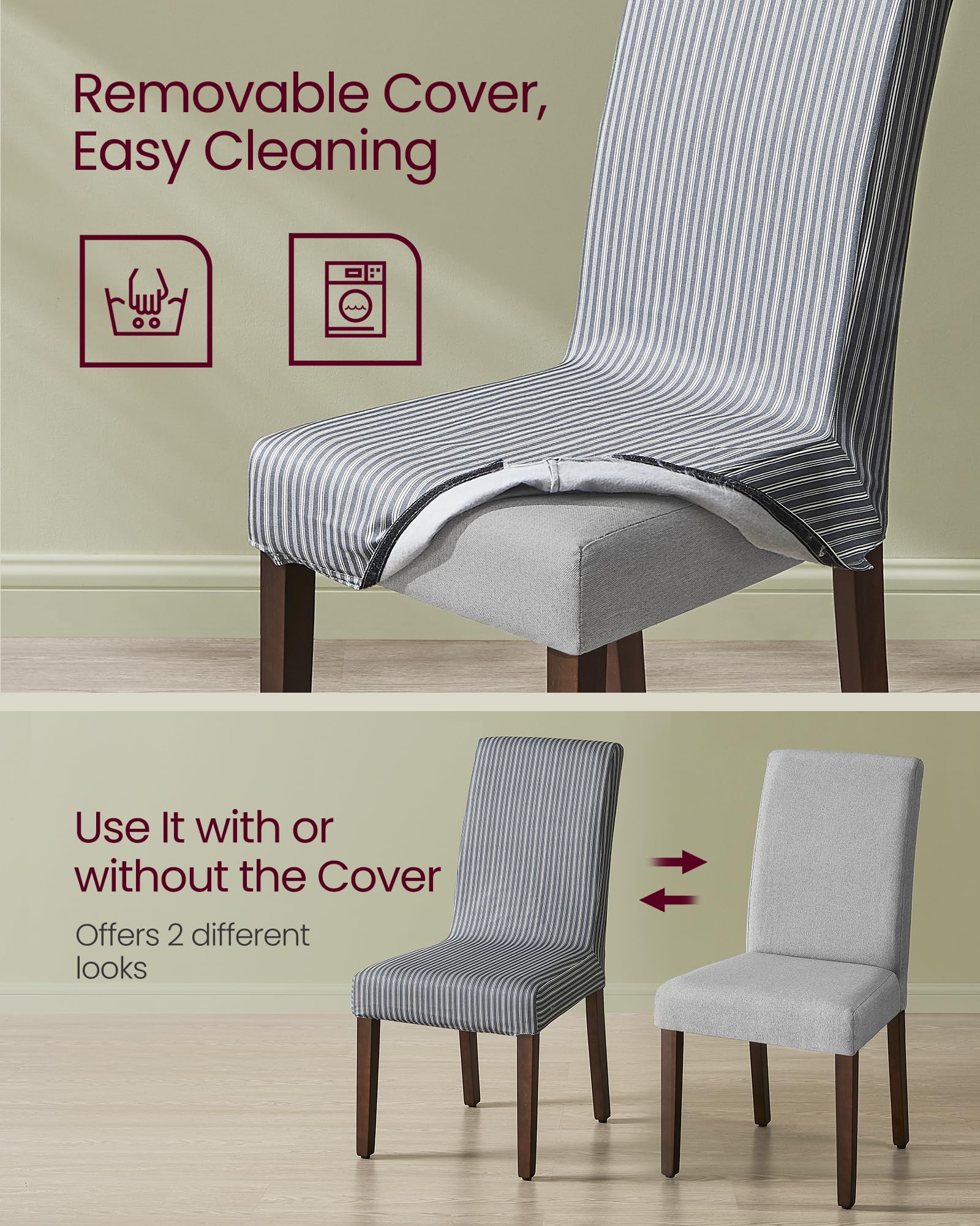 Sillas de comedor, sillas Parsons con funda de tela extraíble, respaldo alto, para comedor y cocina, juego de 2, asiento grueso, 22.8 x 18.9 x 39.4 pulgadas, gris paloma UKDC152G01 2