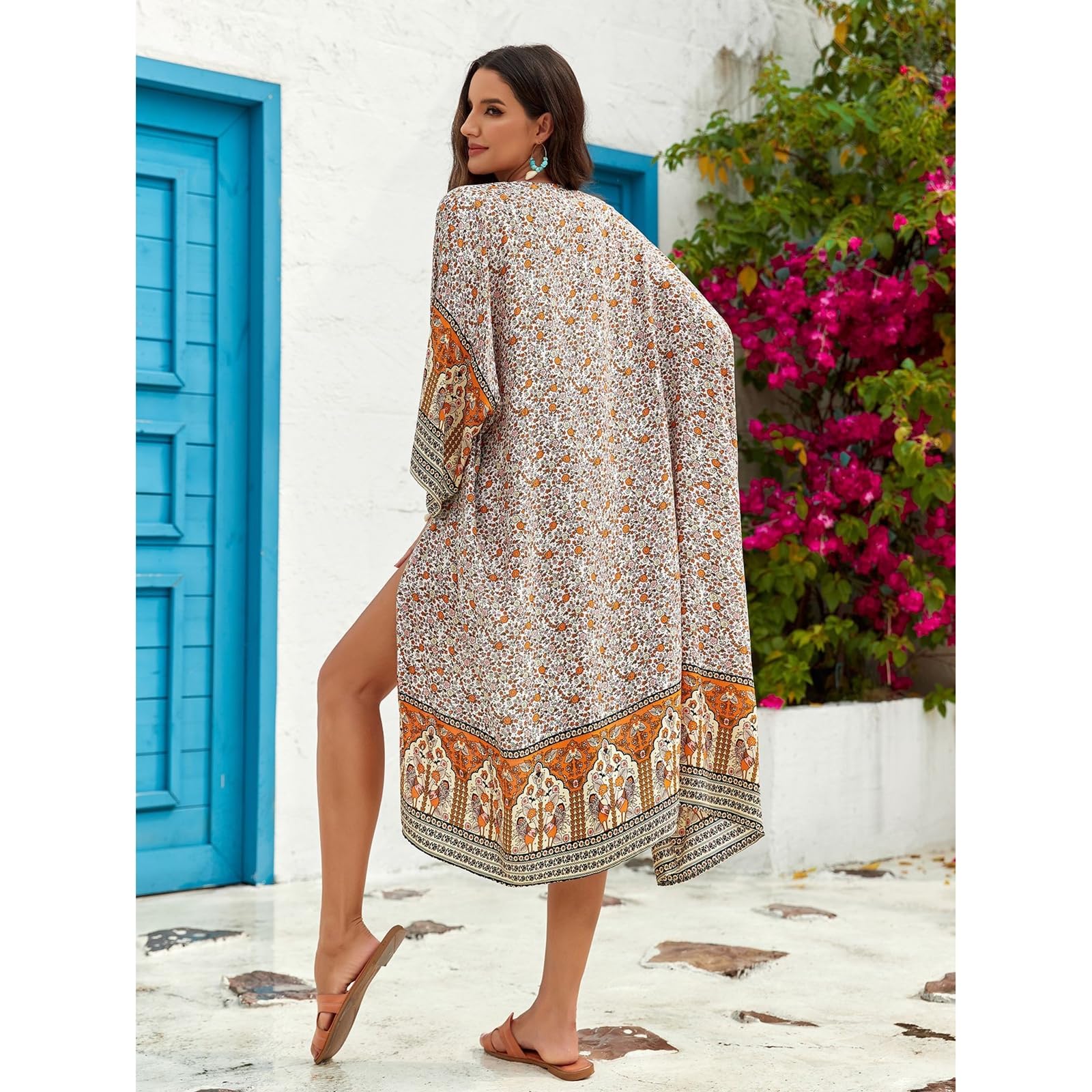Traje de baño tipo kimono de manga larga para mujer, con flores, frente abierto, holgado, chal, vestido de playa con cinturón