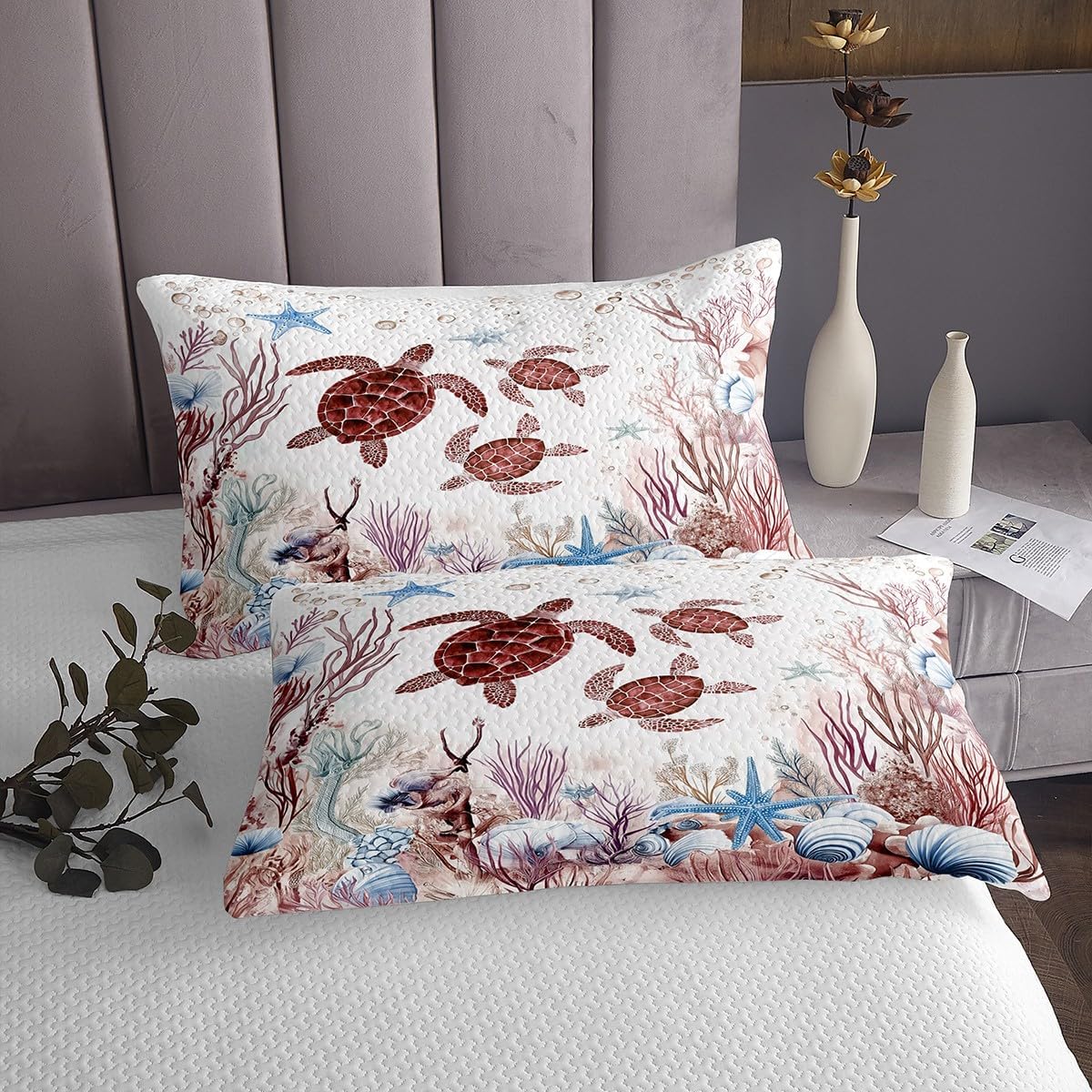 Erosebridal Sea Turtle Bedspread Set Red Brown Quilt Set King Size,Beach Ocean Tortoise Starfish Quilted for Kids Adults Underwater Sealife Bed Cover