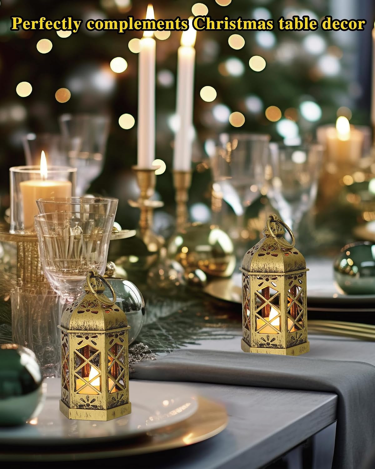 8-Pack Mini Lanterns with Flickering LED Candles for Ramadan, Small Decorative Hanging Lanterns for Halloween, Christmas, Wedding, Gold Lantern for Table Centerpiece, Garden Party Decor