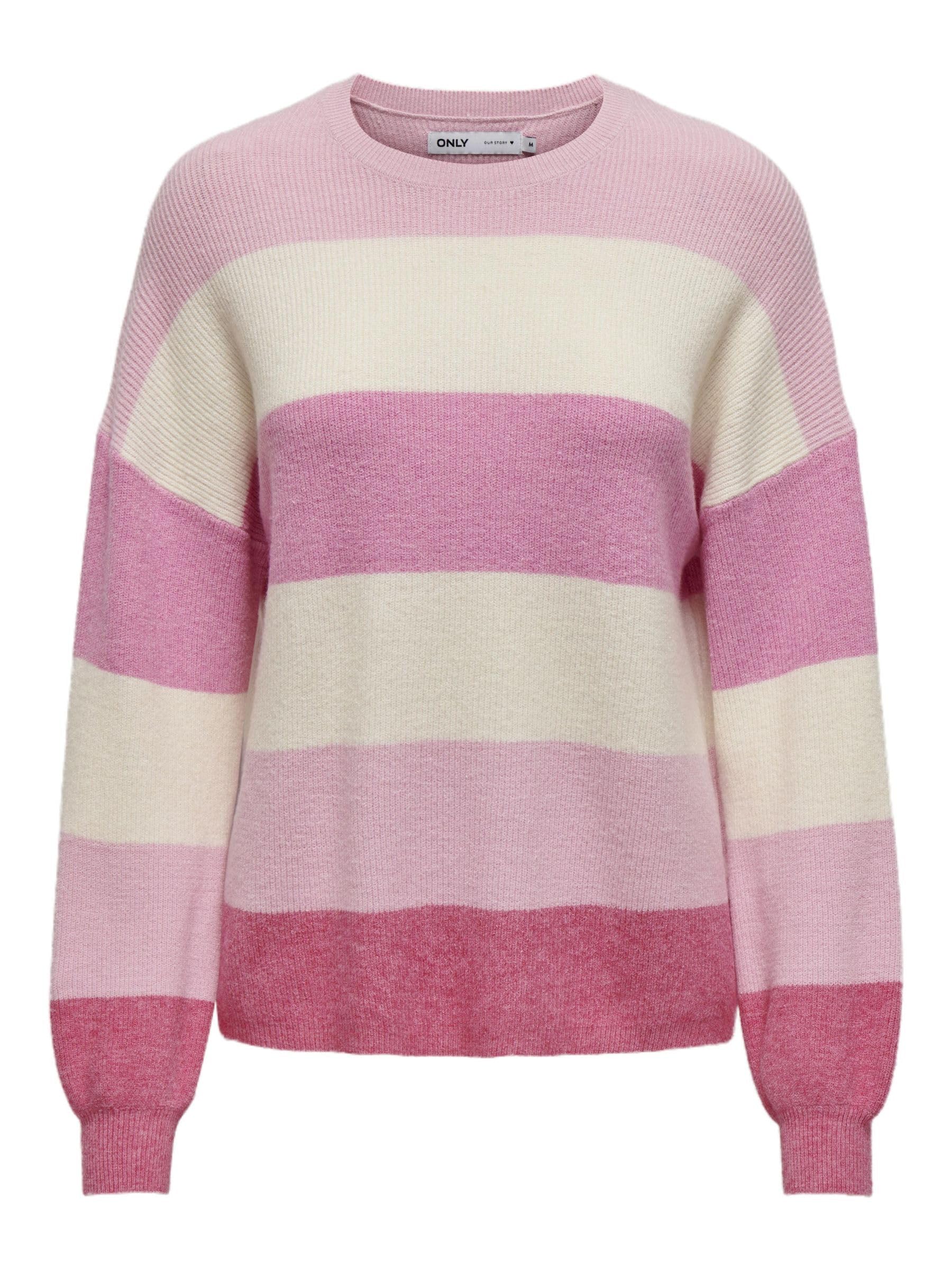 ONLY Women's Onlatia L/S KNT Noos Pullover Sweater, Pink Lady/Stripes: w. Jetstream/Moonlight/Pink Yarrow, L