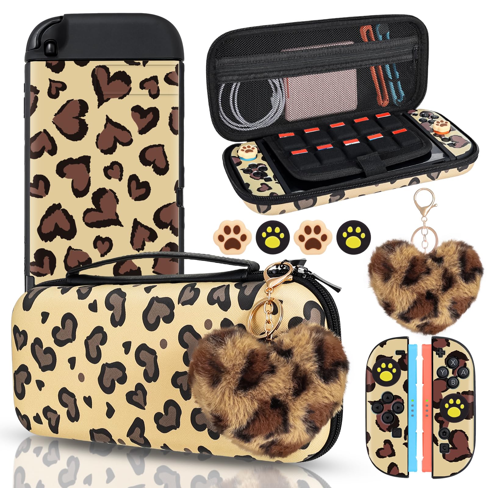 DLseego Carry Case for Switch 2,Heart Leopard Portable Storage Travel Game Carrying Case with NS 2 Dockable Protective Cover,4PCS Thumb Grip Cap and 1PC Plush Heart Charm,Purple — view 9