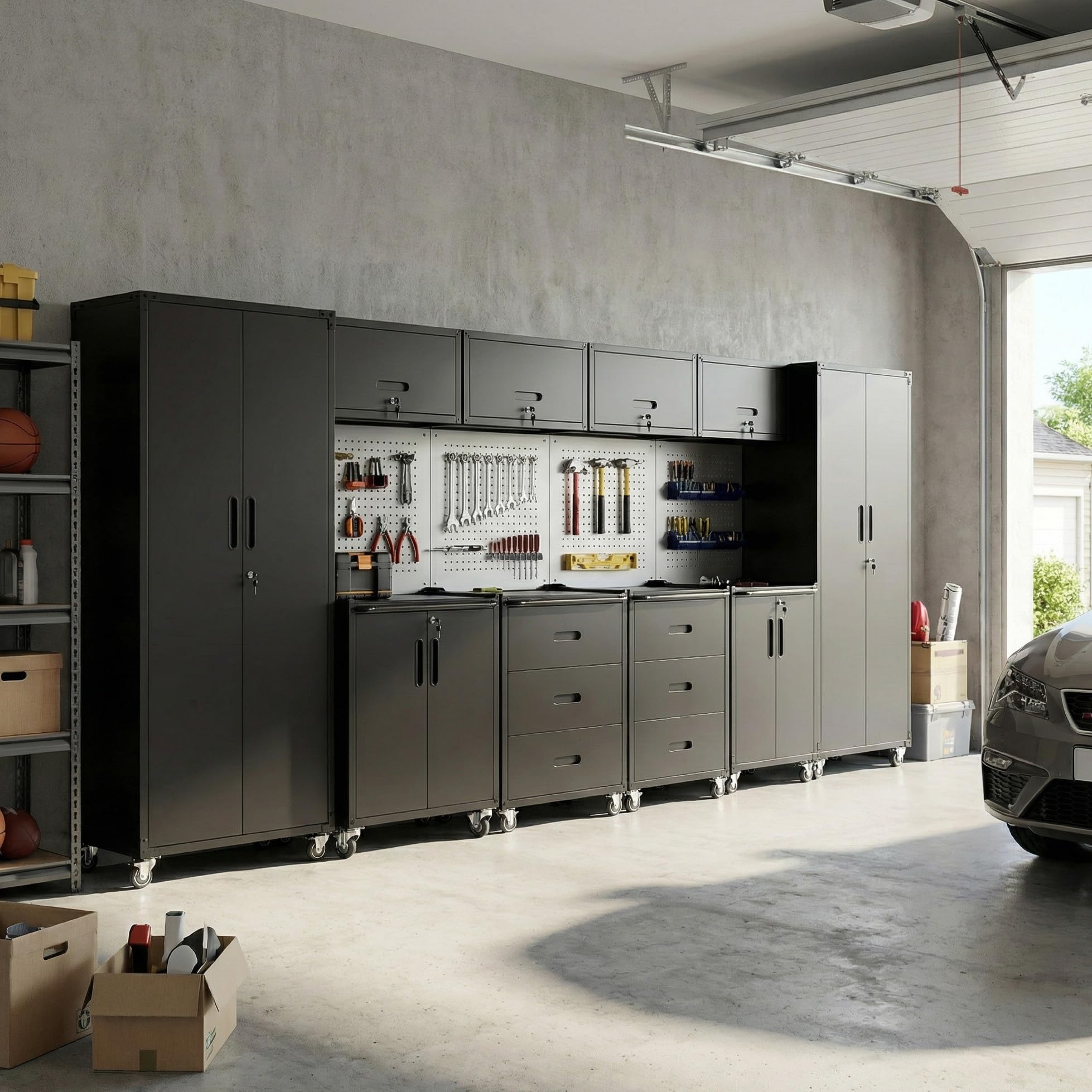 10-Piece Heavy Duty Steel Garage Cabinet System | All-in-One Modular Garage Cabinet Set for Ultimate Workshop Organization | Easy Assembly Garage Storage Cabinets &amp; Tool Bench (Black)