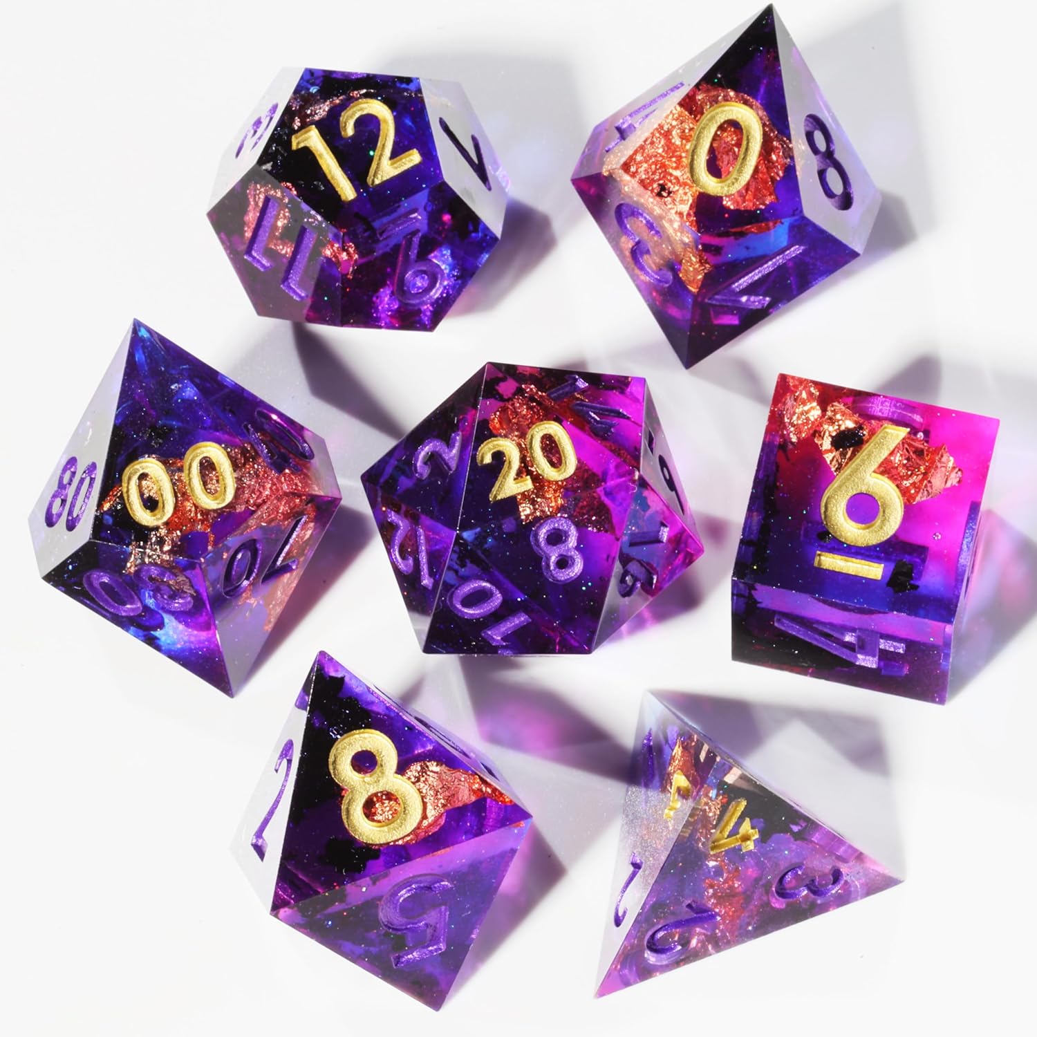 Mini Planet D&D Sharp Edge Polyhedral DND 7Pcs Resin Dice Set for Dungeons and Dragons Handmade Amethyst