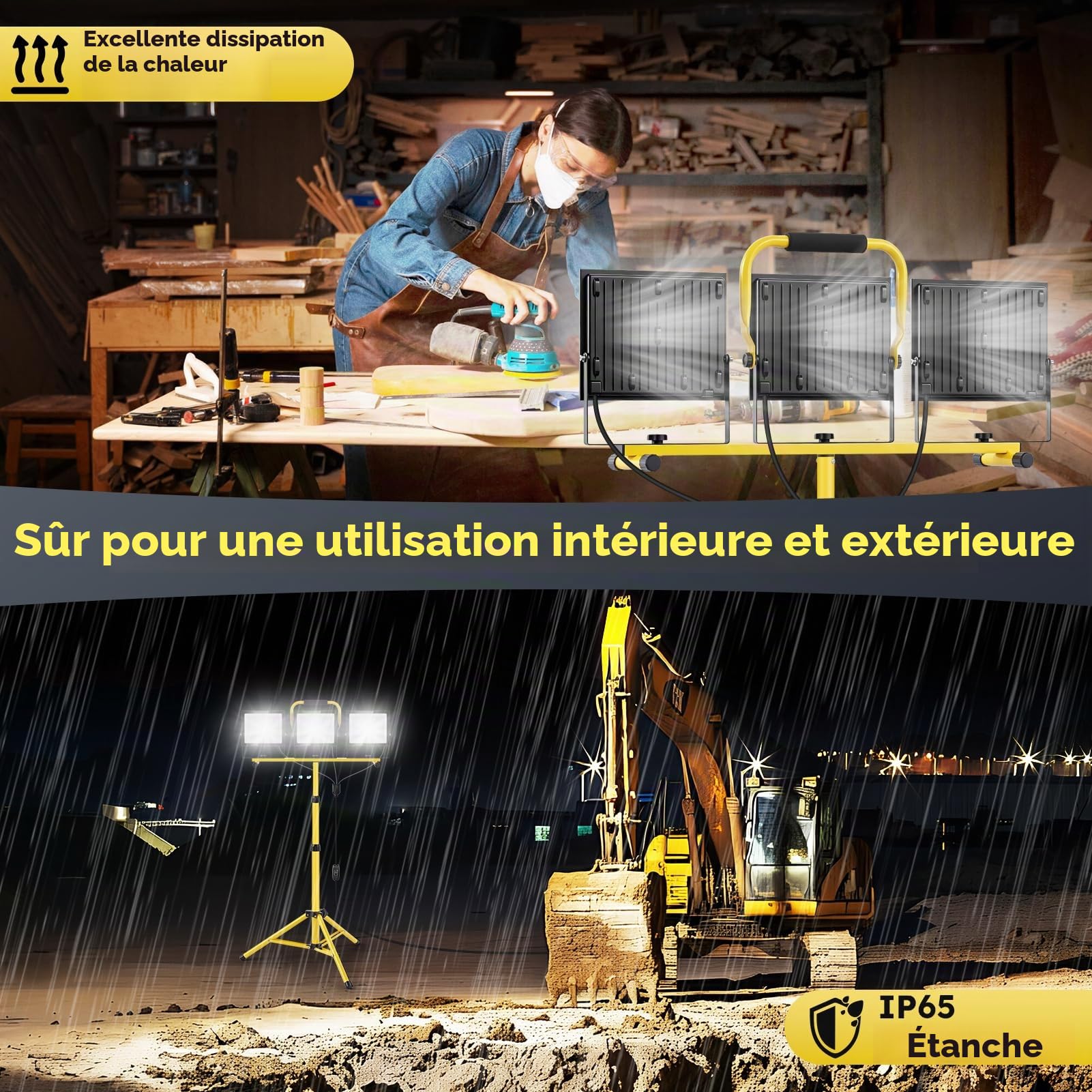 300W Projecteur LED Chantier avec Trépied, 3x100W 30000LM Projecteur de Chantier 6500K 4500K 3000K, Hauteur Réglable de 85-180cm, Étanche IP66 Lampe de Chantier pour Chantier Garage Atelier