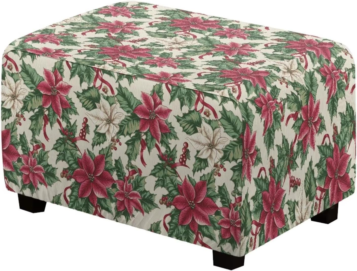 Red Poinsettia Floral Ottoman Covers Rectangle Non-Slip Ottoman Slipcover with Elastic Bottom Removable Washable Footstool Protector Xmas Decor Stool Cover